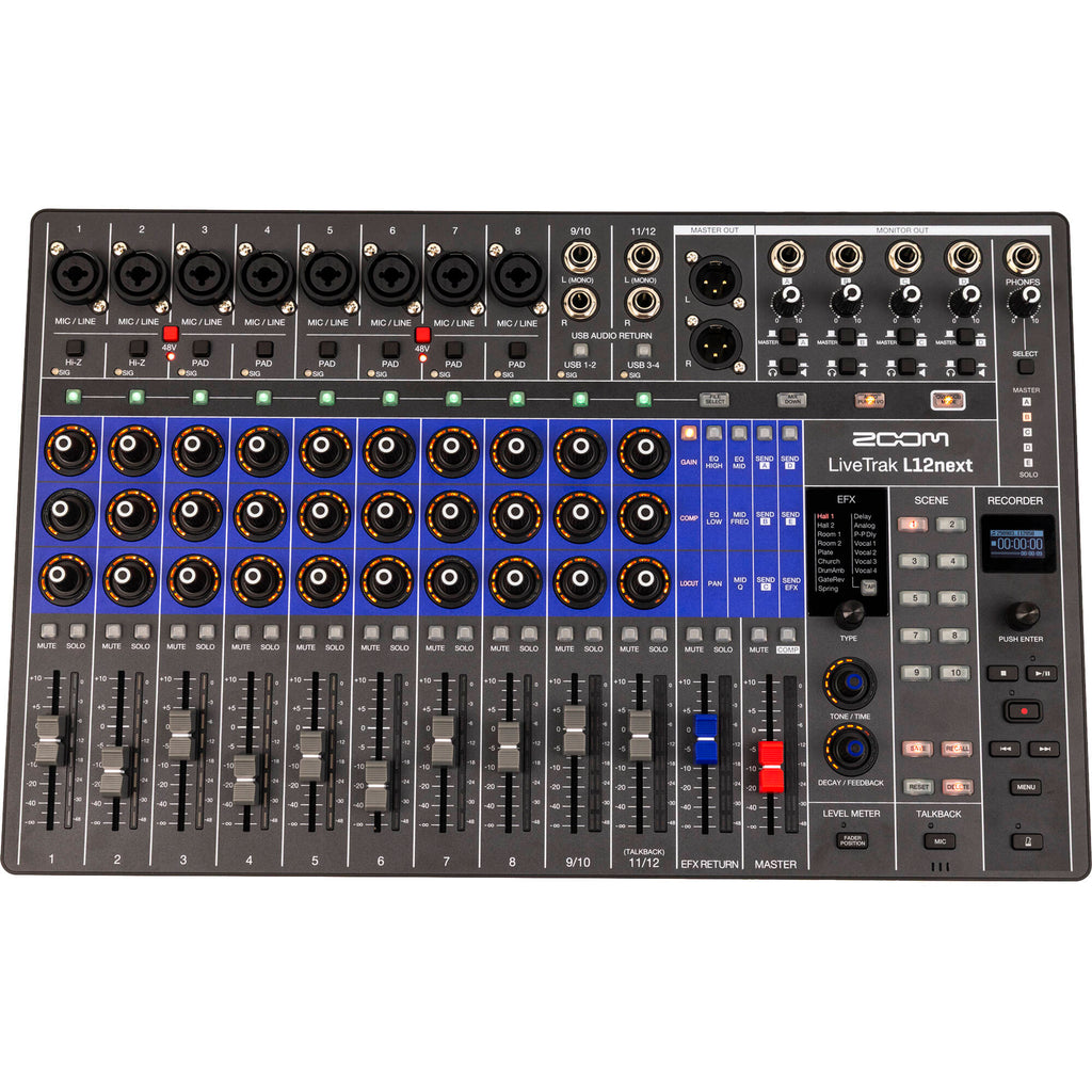 Zoom LiveTrak L12next digital mixer with multiple input channels, control knobs, and built-in recording interface.