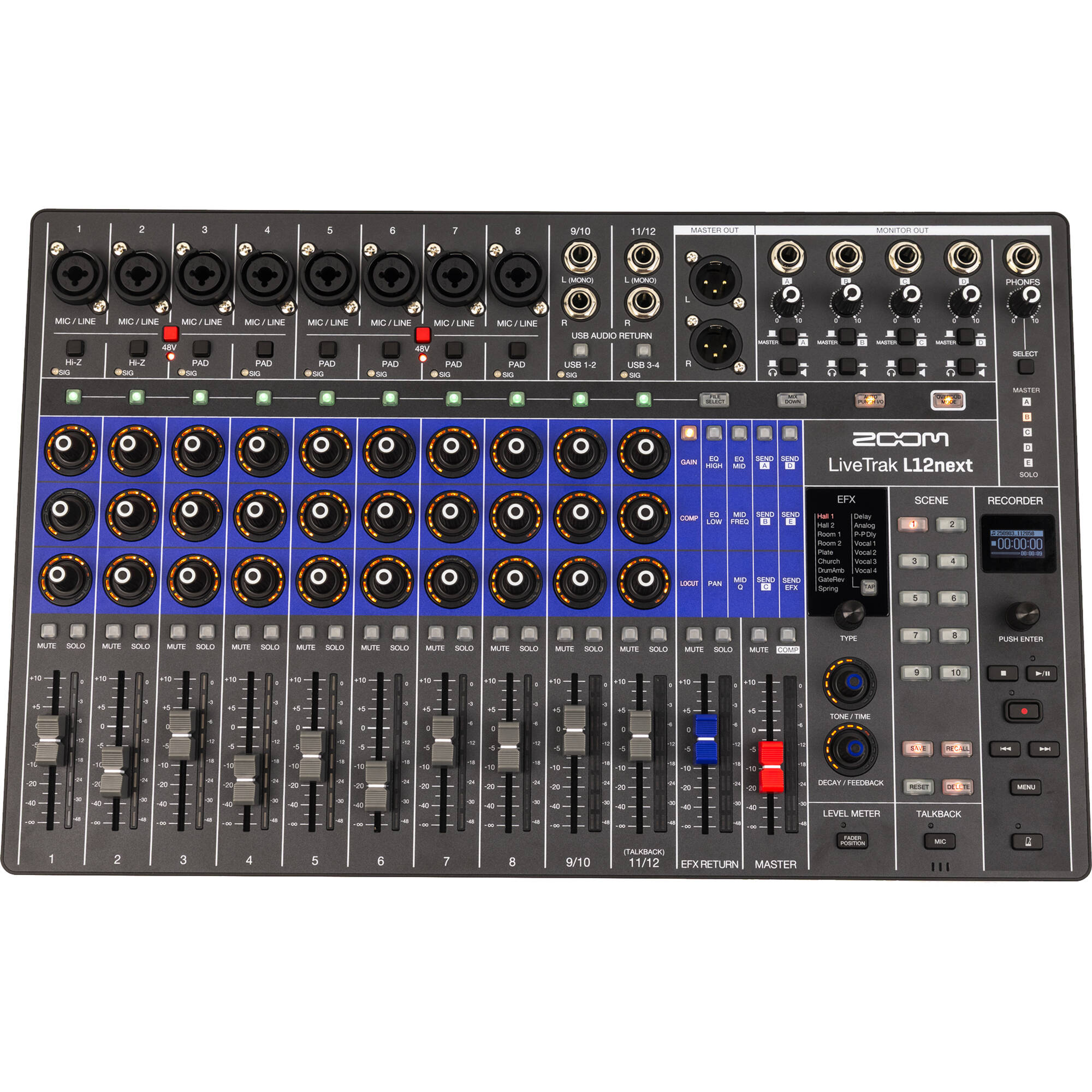 Zoom LiveTrak L12next digital mixer with multiple input channels, control knobs, and built-in recording interface.