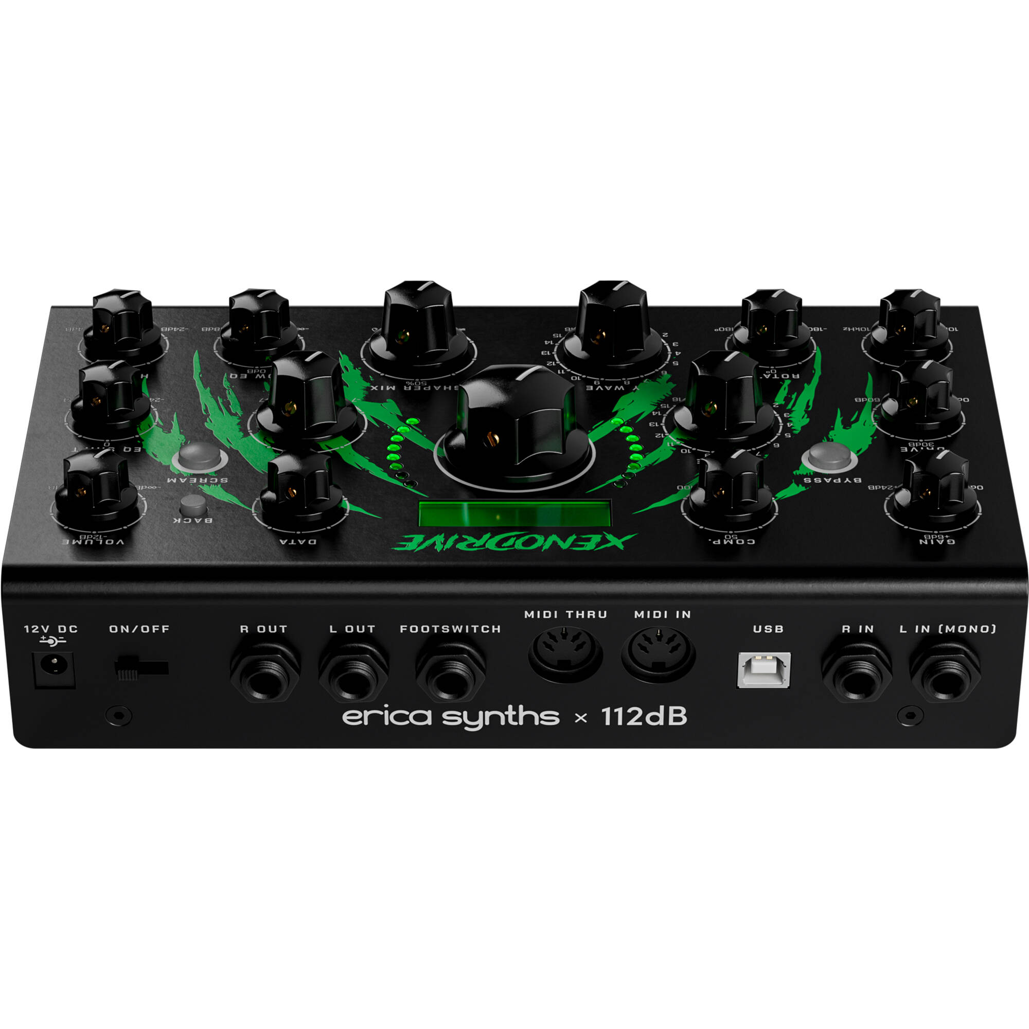 Erica Synths Xenodrive effects pedal with knobs and input/output jacks, designed for guitar and bass sound modulation.