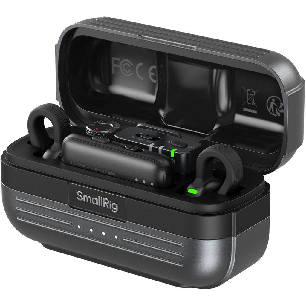 SmallRig S70 wireless microphone system with two transmitters, two receivers, and charging case for professional audio recording.