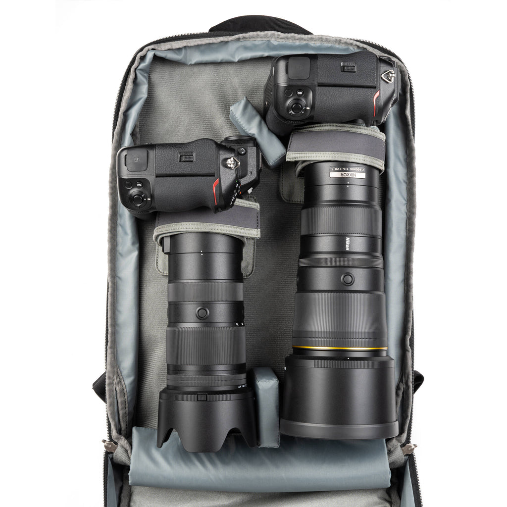 Think Tank Shape Shifter video equipment bag with adjustable compartments and durable black nylon exterior.
