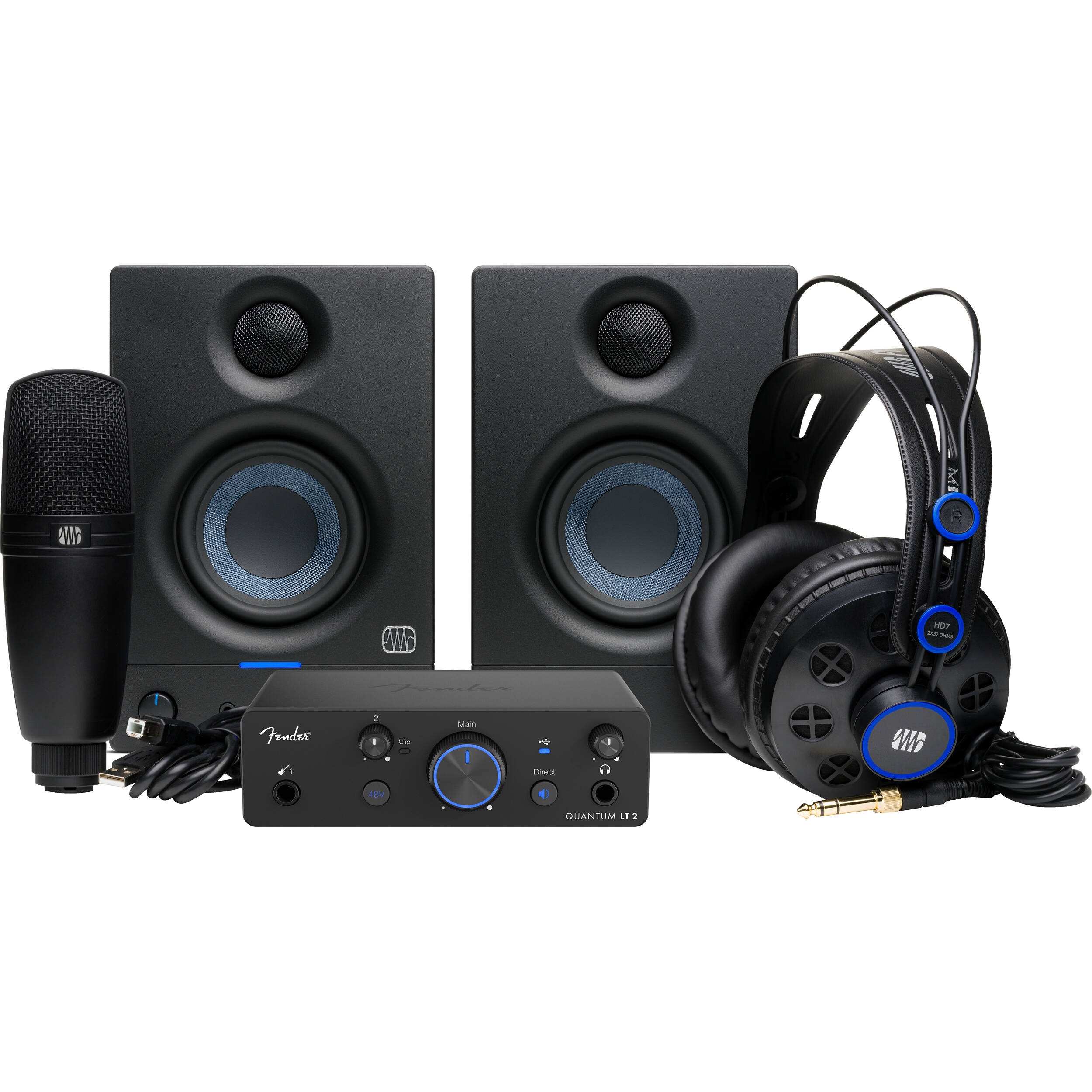 Fender Quantum Complete Studio Bundle with guitar, amplifier, and accessories for recording and practice sessions.