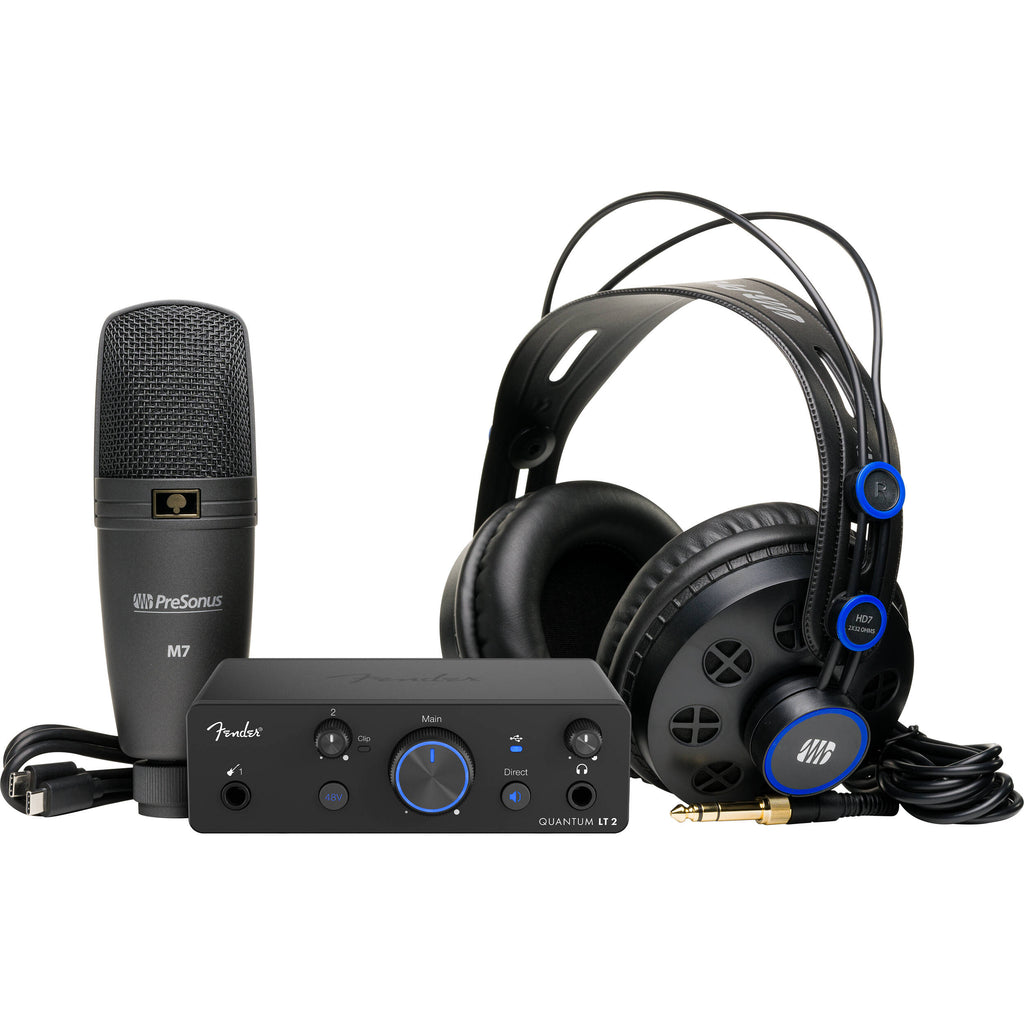 Fender Quantum Creator Bundle studio music production set with headphones, audio interface, and accessories for musicians.