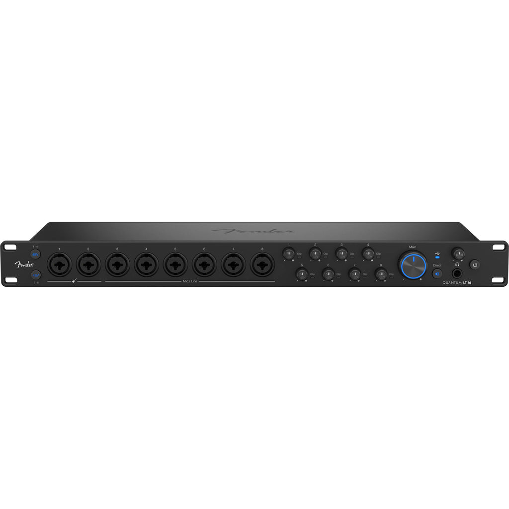 Fender Quantum LT 16 USB audio interface with multiple input/output ports and sleek black design for professional recording.