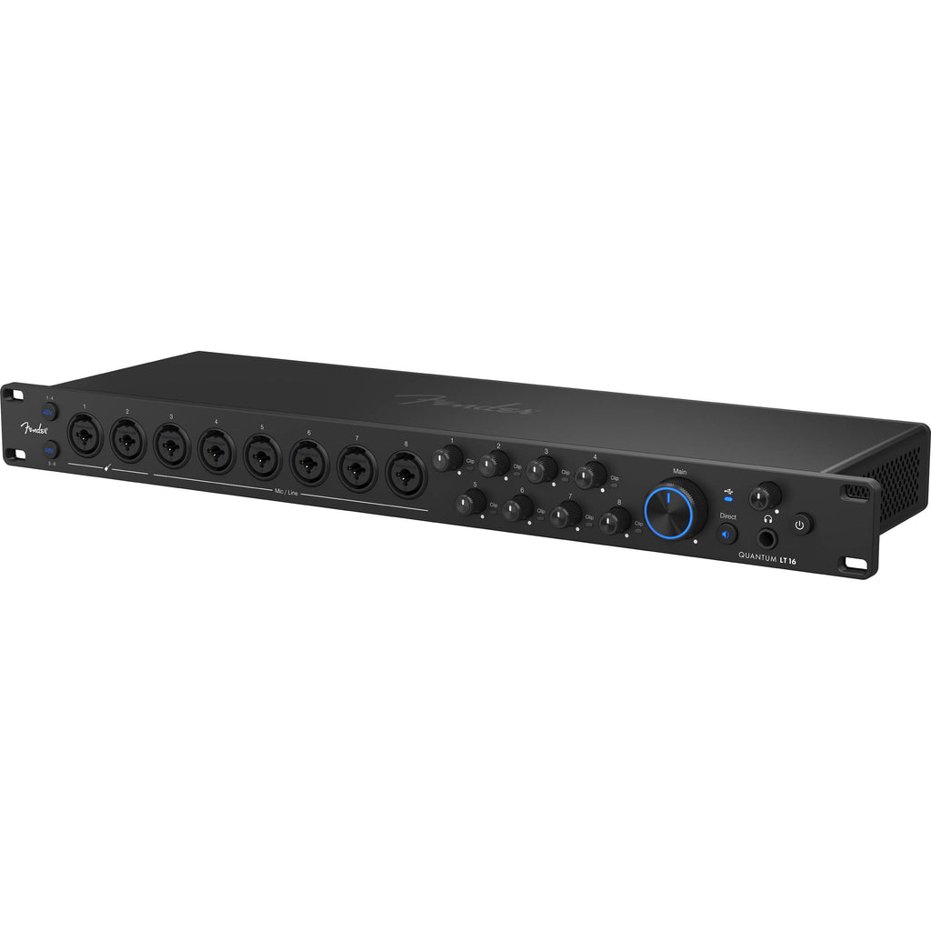 Fender Quantum LT 16 USB audio interface with multiple input ports and control knobs for music recording and production.