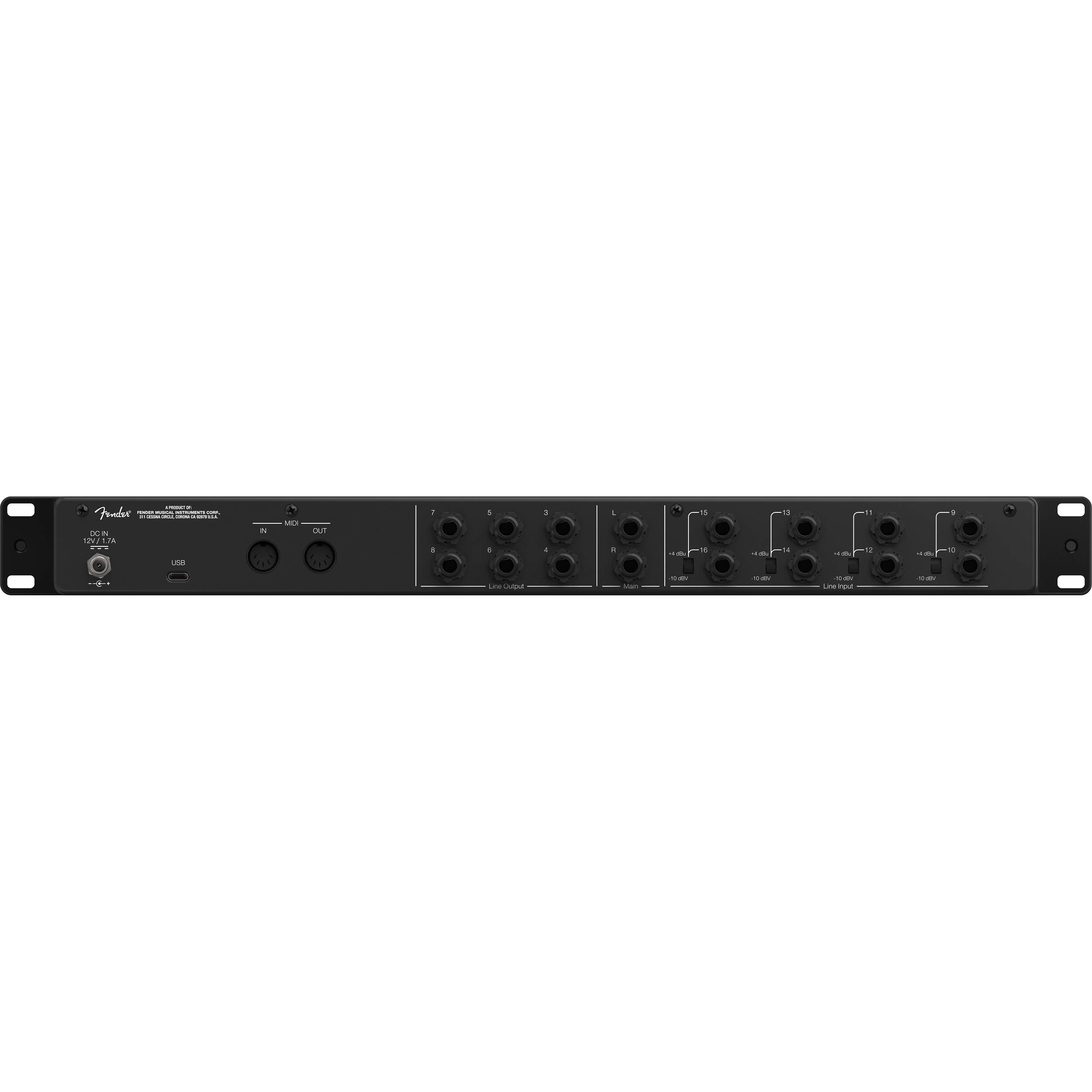 Fender Quantum LT 16 USB audio interface with multiple input and output ports, compact design, and professional audio controls.