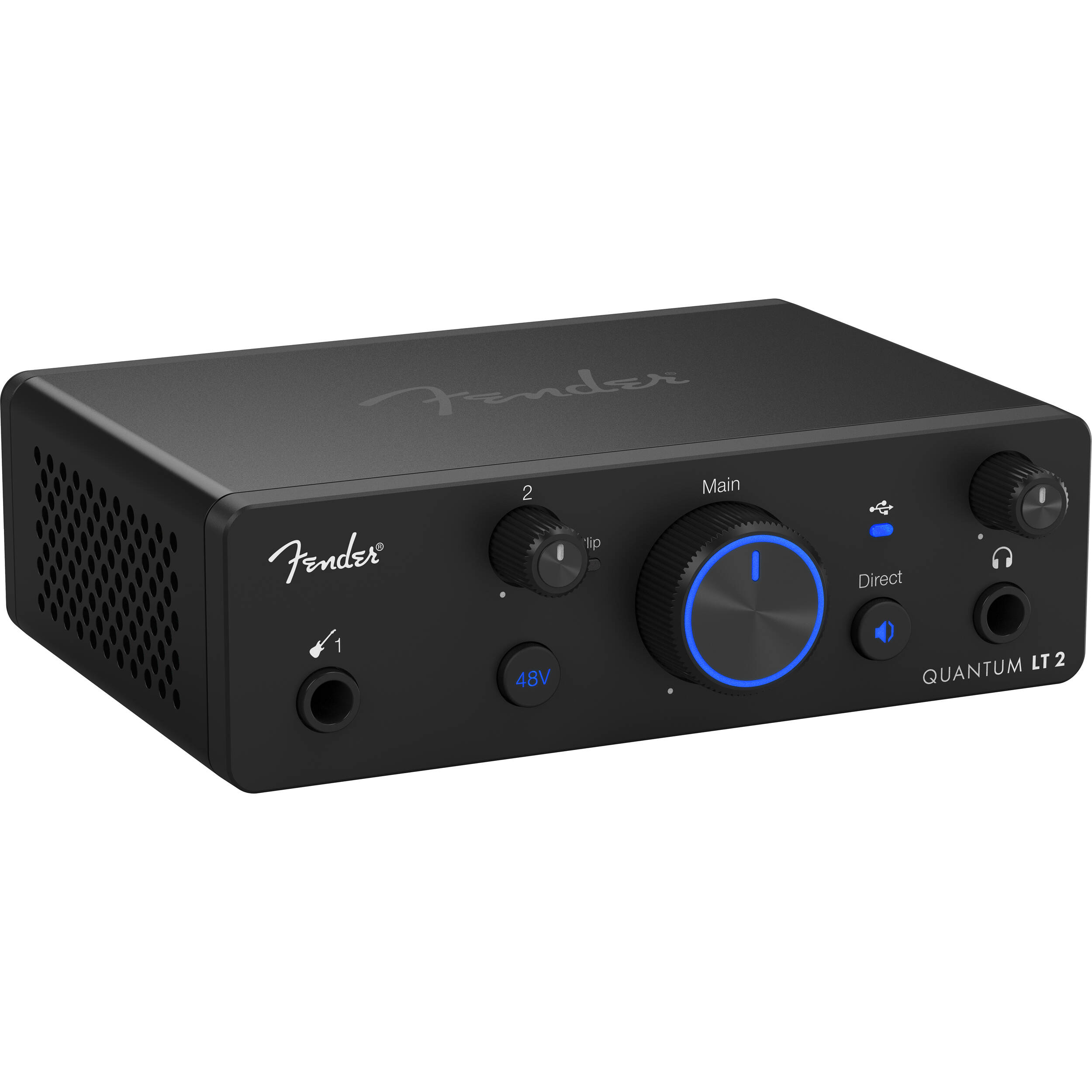 Fender Quantum LT 2 USB audio interface with multiple input and output ports, compact design, and control knobs on top.