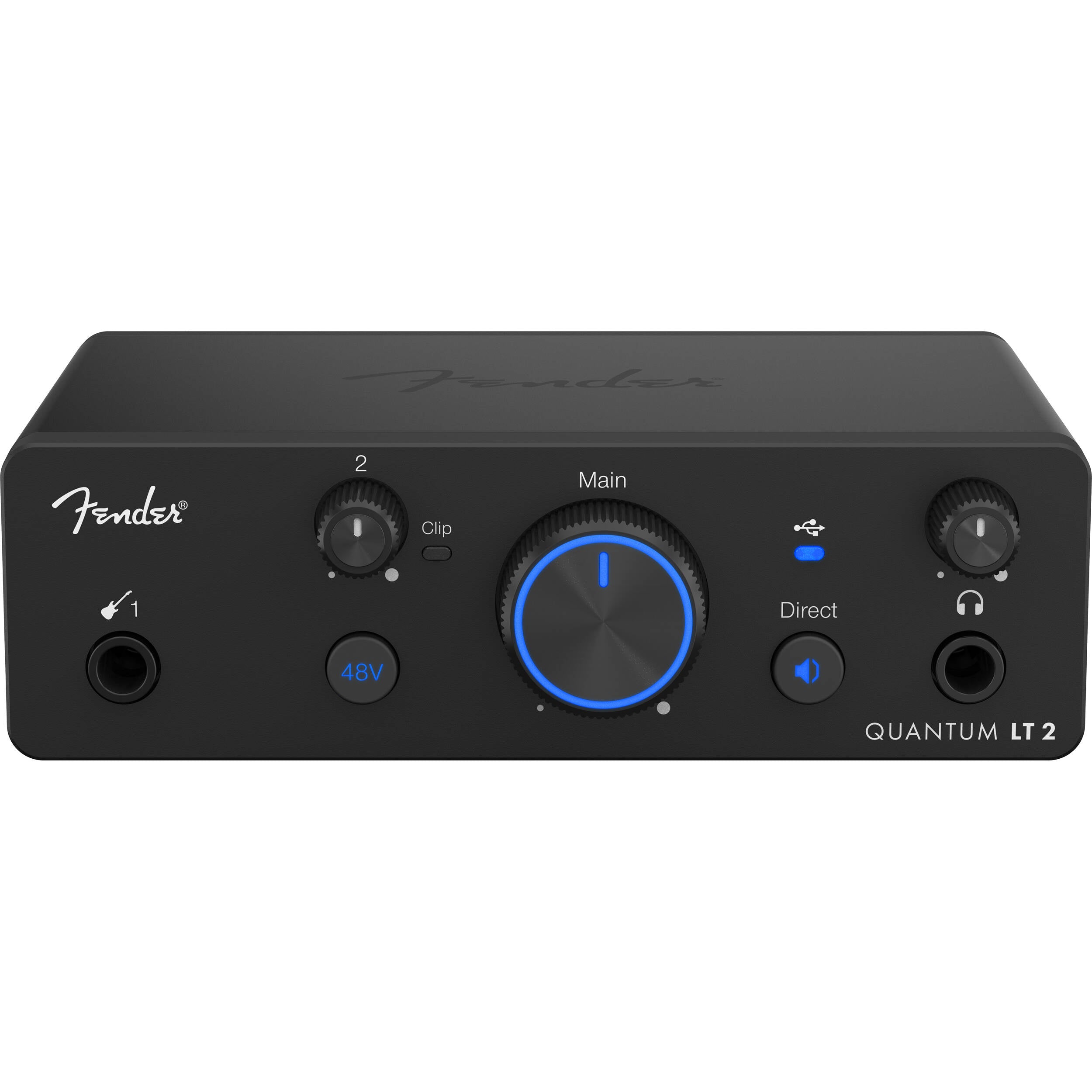 Fender Quantum LT 2 USB audio interface with multiple input/output ports and control knobs on a desk.