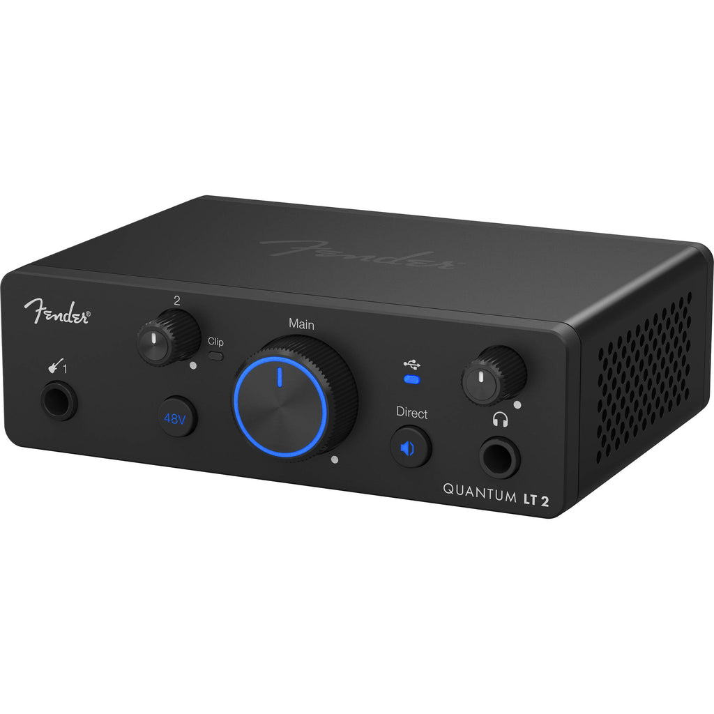 Fender Quantum LT 2 USB audio interface with dual input channels and control knobs, compact black design for music recording.