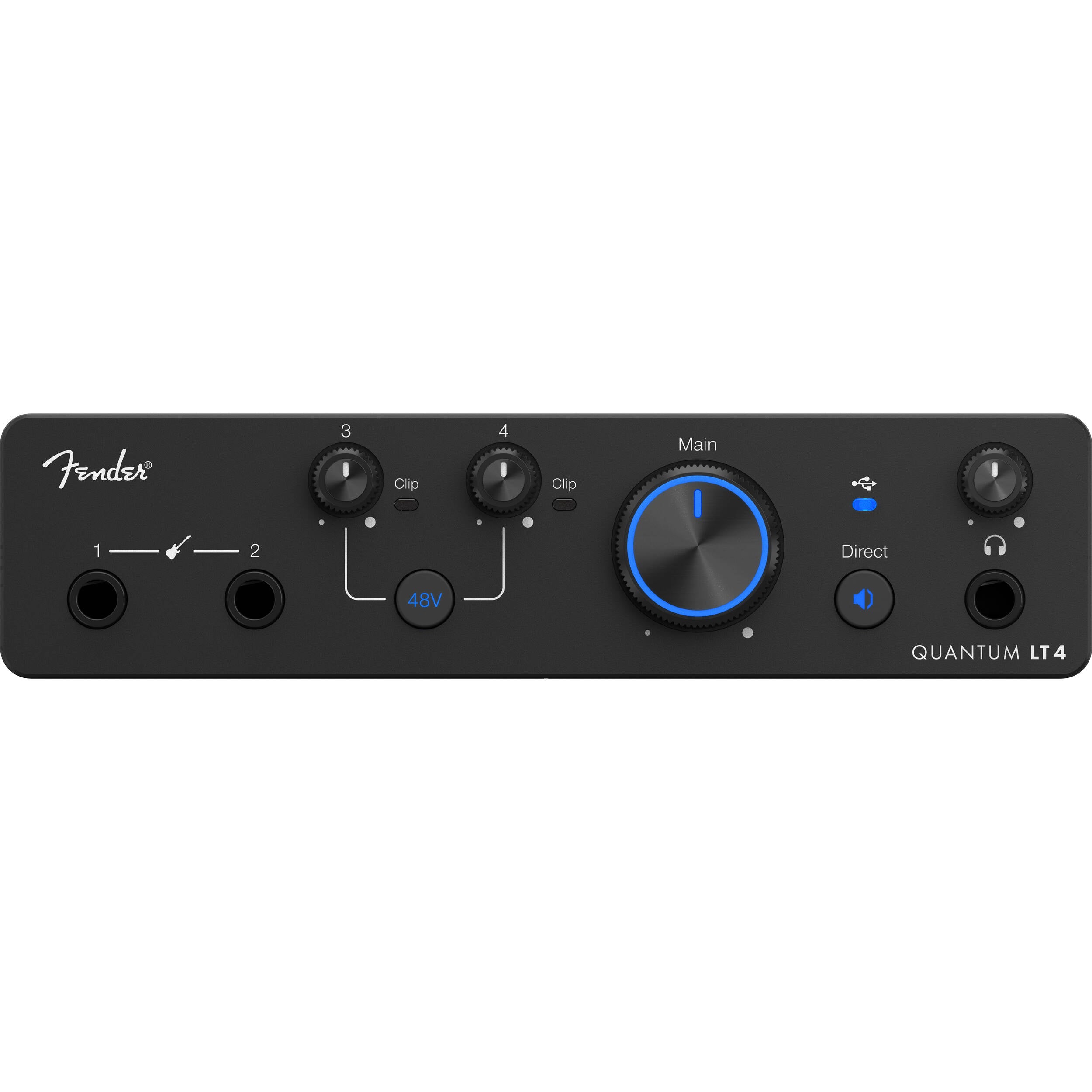 Fender Quantum LT 4 USB audio interface with input/output jacks and controls, black metal casing, and compact design.