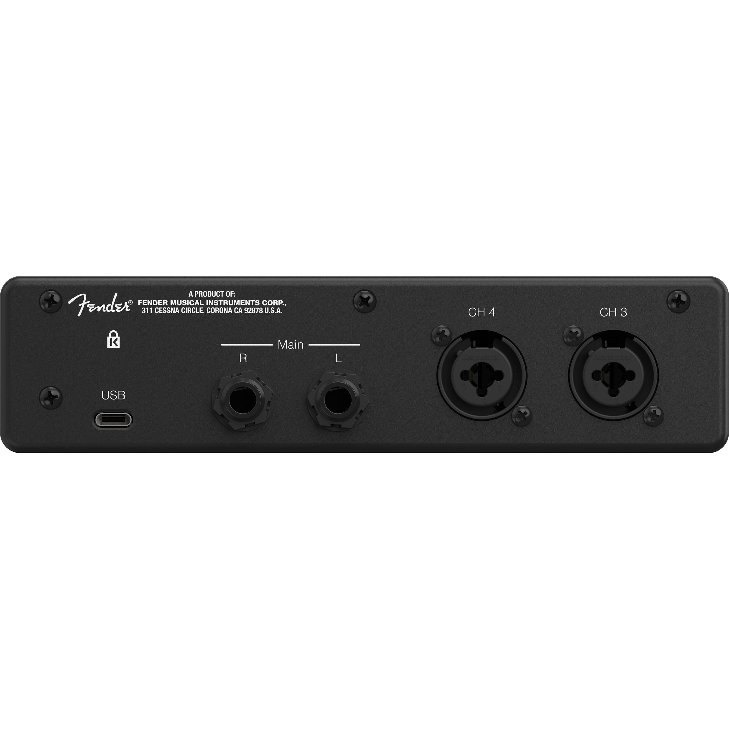 Fender Quantum LT 4 USB audio interface with multiple input ports and control knobs for music recording and production.