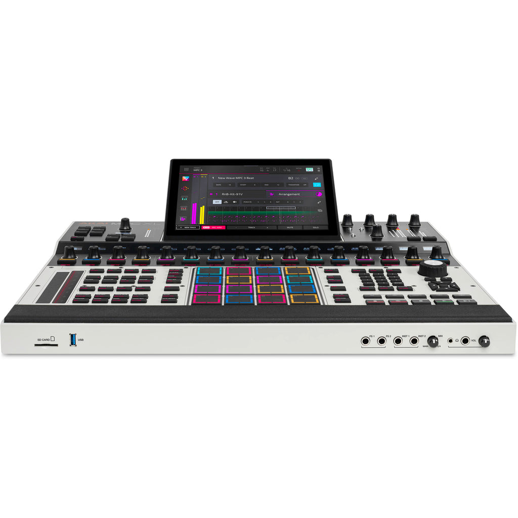 Akai Professional MPC XL drum machine and sampler with large grid, colorful pads, and professional audio controls.