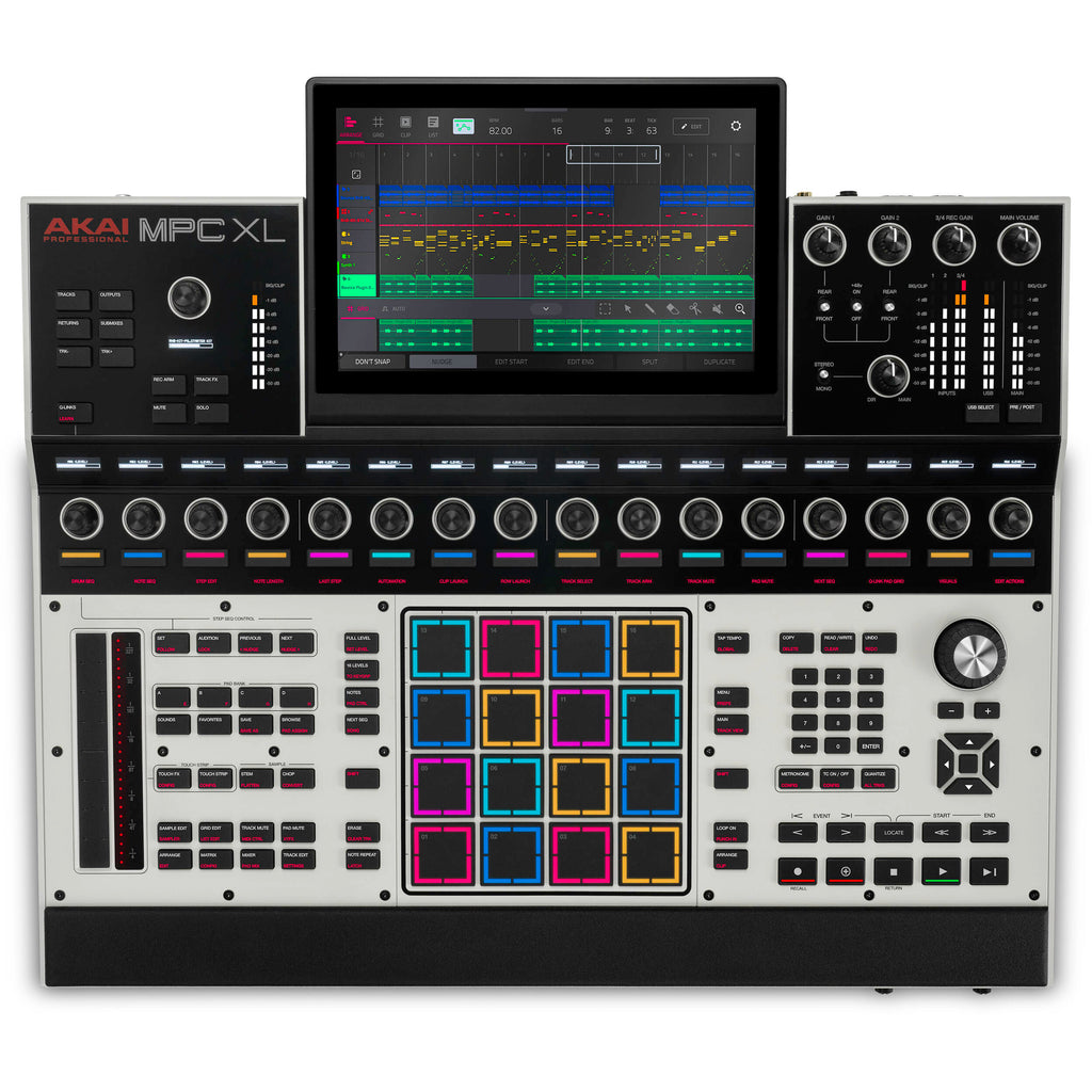 Akai Professional MPC XL drum machine and sampler with multiple pads and control knobs, used for music production.