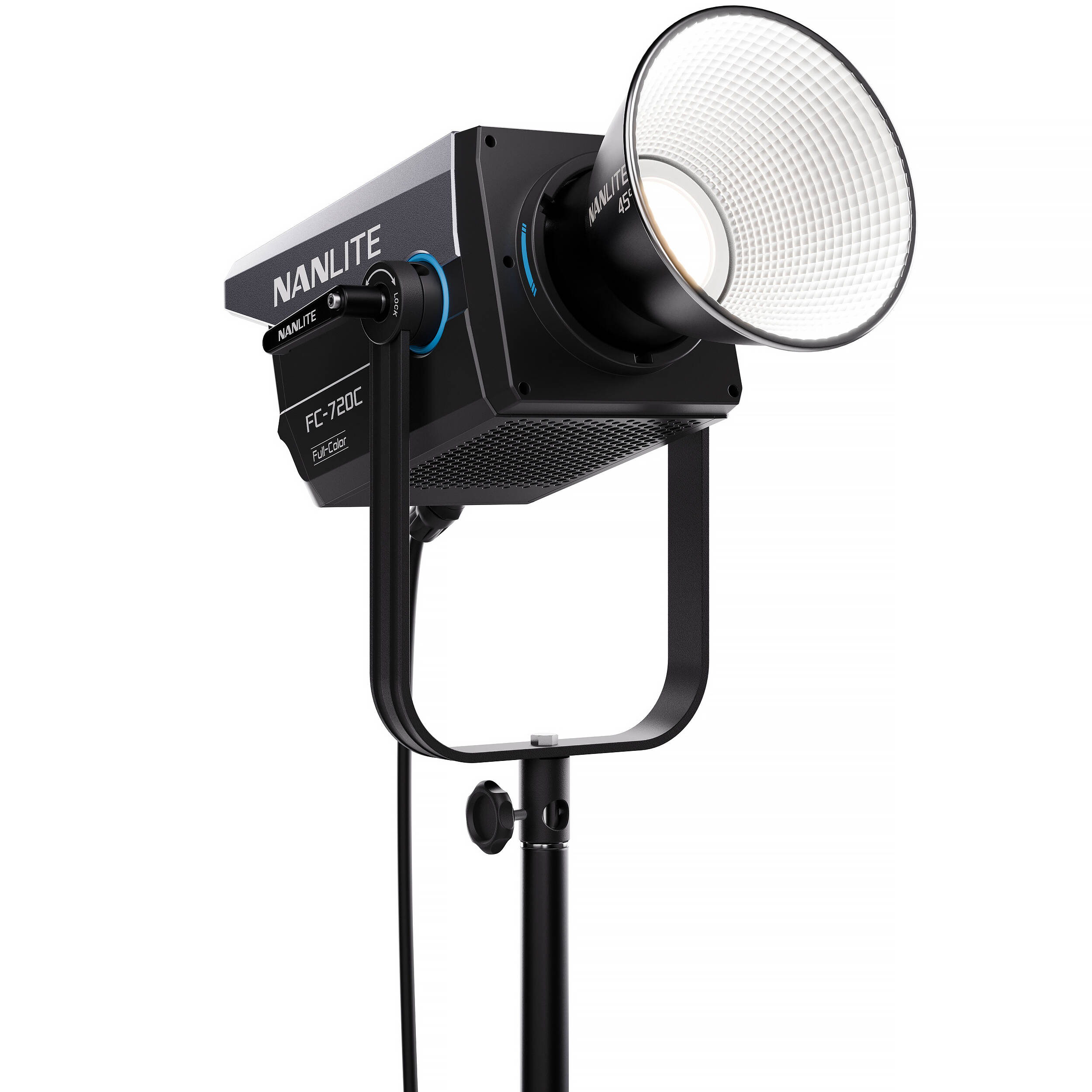 Nanlite FC-720C RGBW color LED spotlight showing adjustable RGB lighting and sleek design for professional photography and video use.