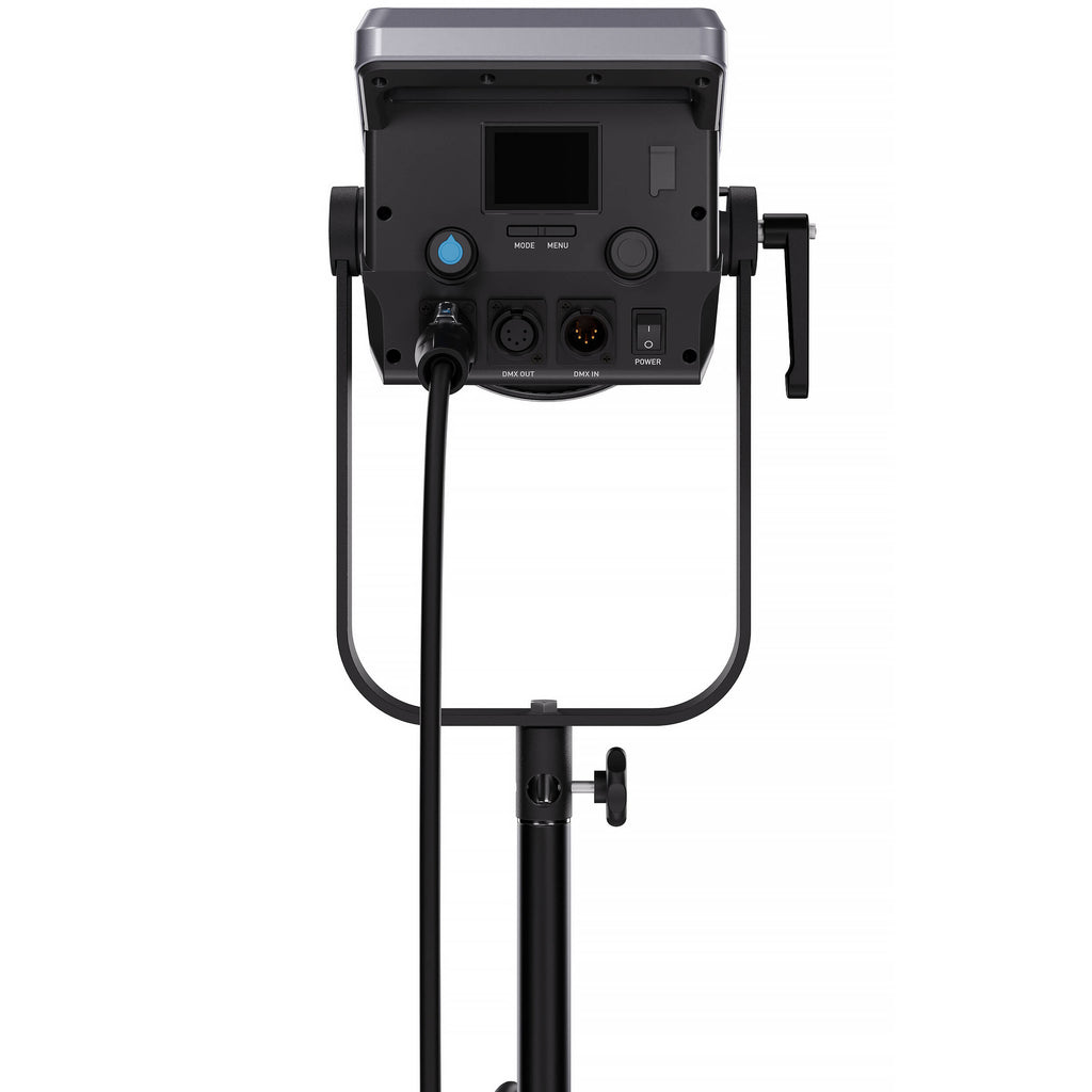 Nanlite FC-720C RGBW color LED spotlight showing adjustable RGB color options and bright LED panel for professional lighting.