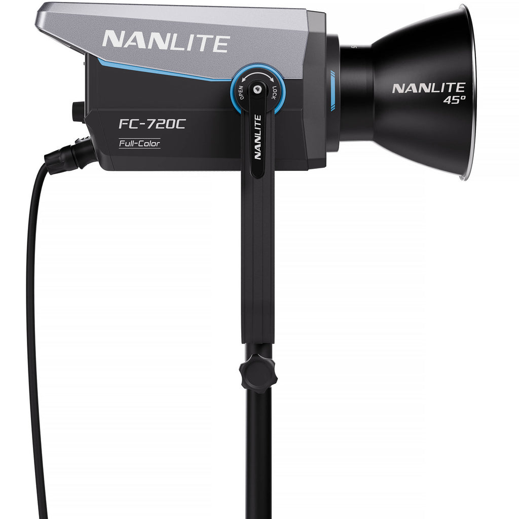 Nanlite FC-720C RGBW color LED spotlight with adjustable RGB lights and focusable lens, used for professional lighting setups.