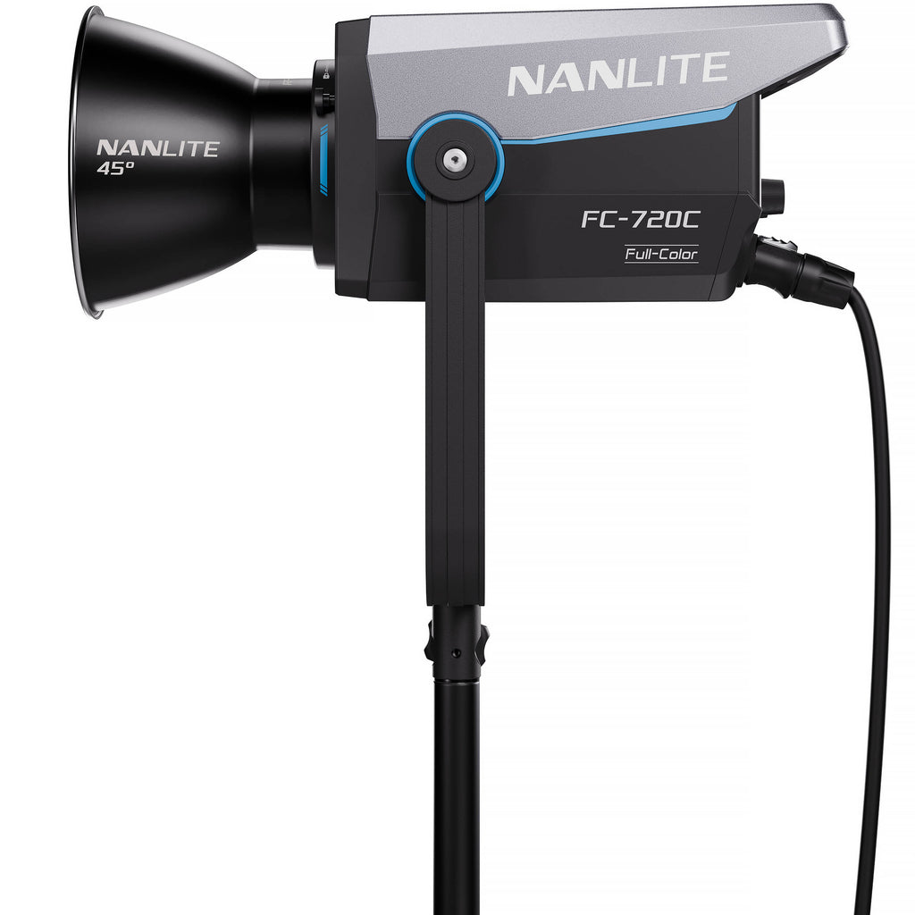 Nanlite FC-720C RGBW LED spotlight showing adjustable color settings and bright, versatile lighting for professional photography or videography.
