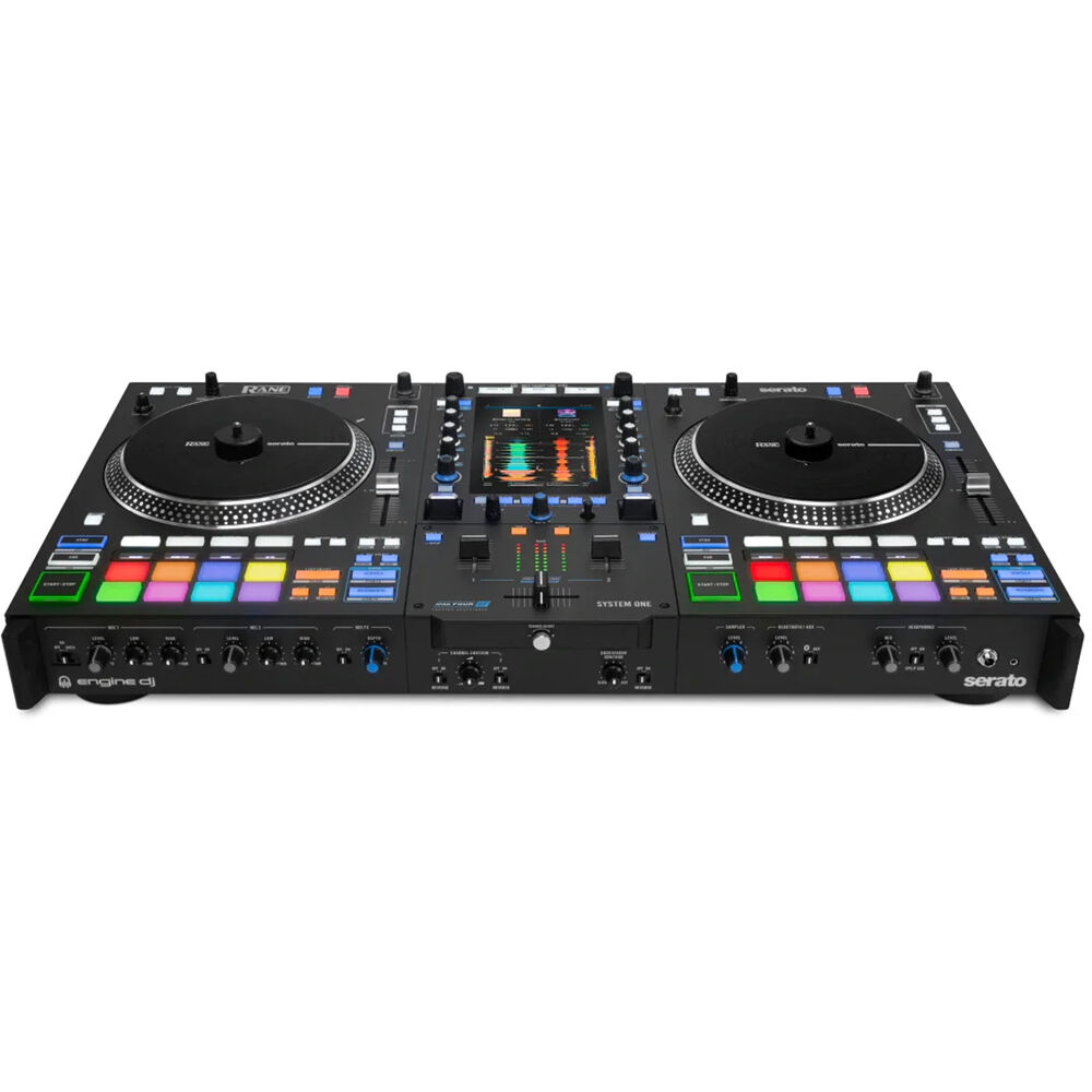 Rane System One DJ controller with jog wheels, mixer controls, and connection ports for professional DJ performance.