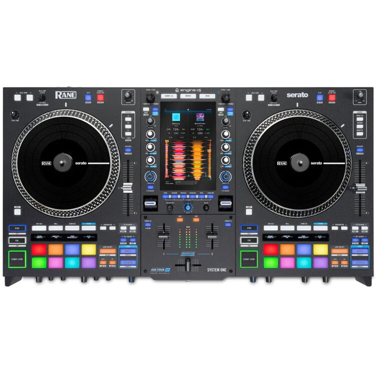 Rane System One DJ controller with dual jog wheels, sound mixer, and control knobs for professional DJing setup.