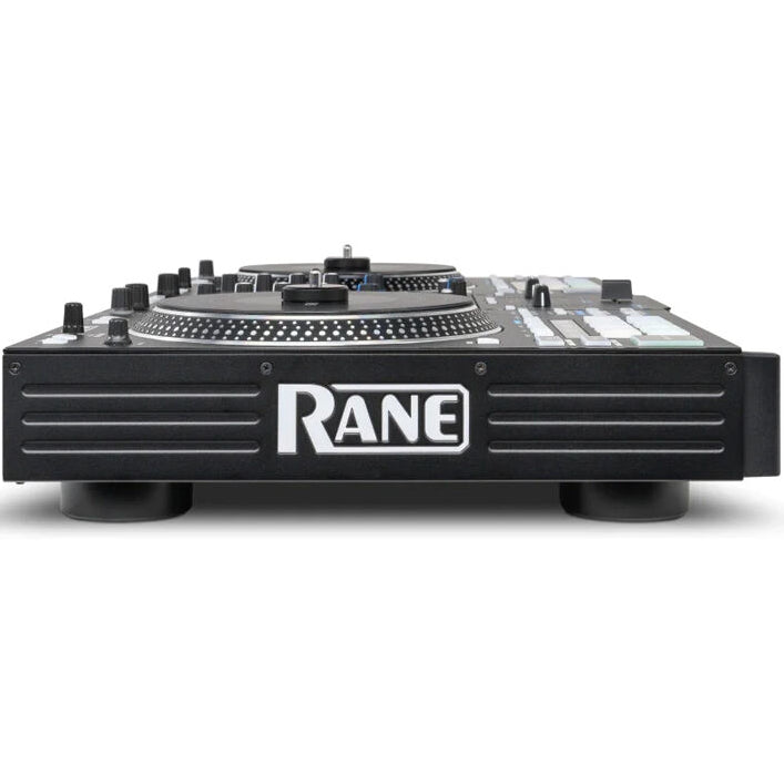 Rane System One DJ controller with jog wheels, mixers, and controls for professional DJing and music mixing.