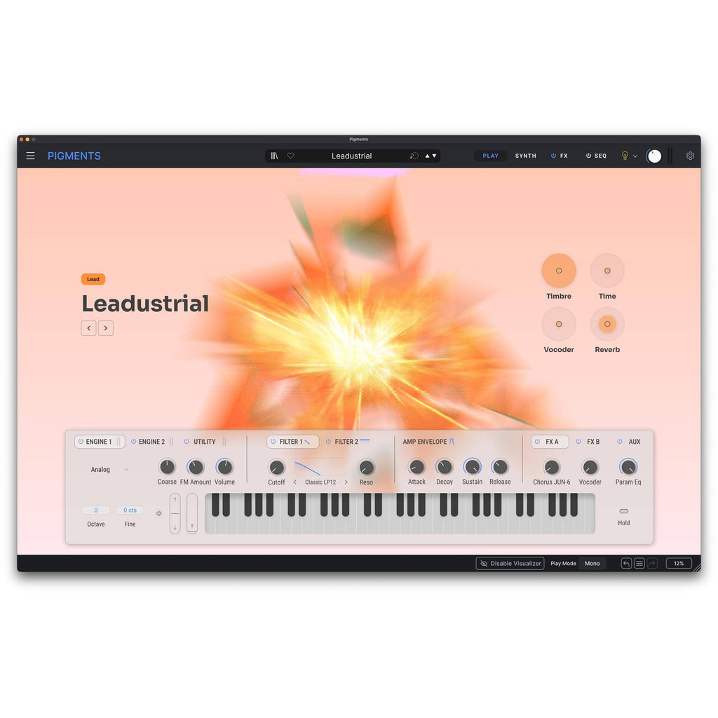 Arturia Pigments 7 virtual instrument plugin interface with colorful knobs and waveforms on a digital screen.