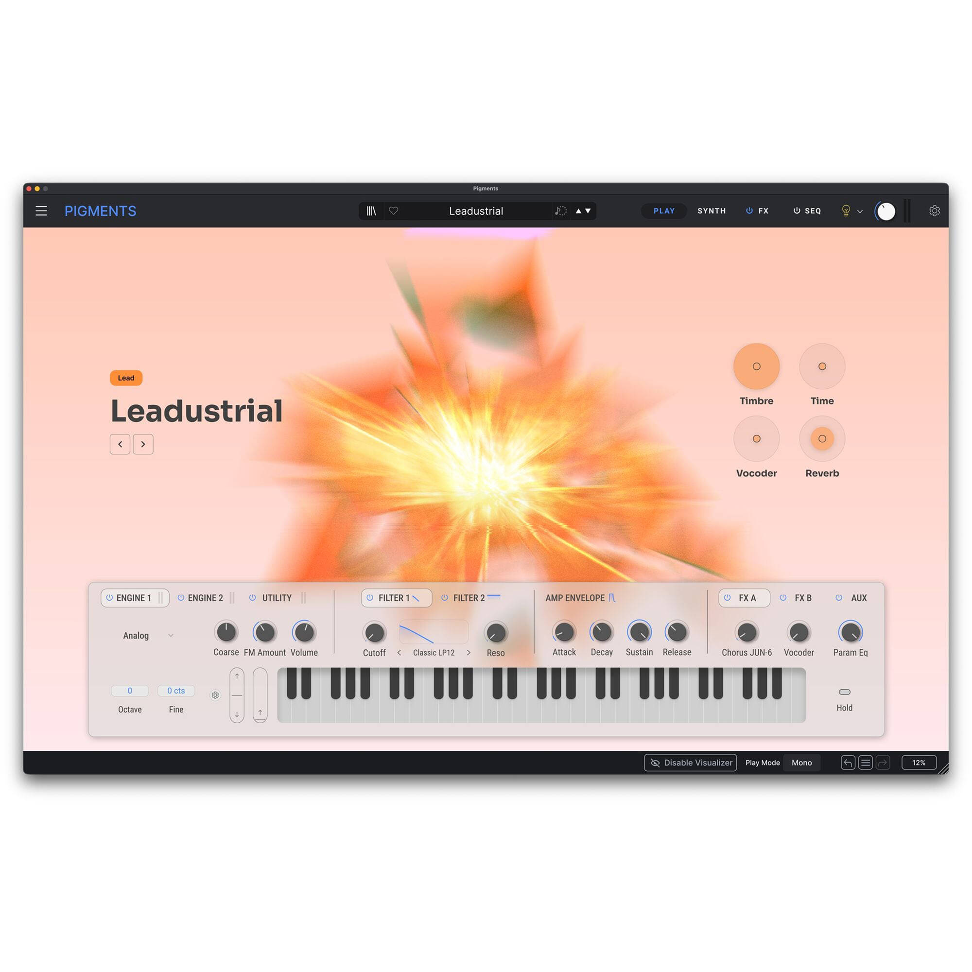 Arturia Pigments 7 virtual instrument plugin interface with colorful knobs and waveforms on a digital screen.