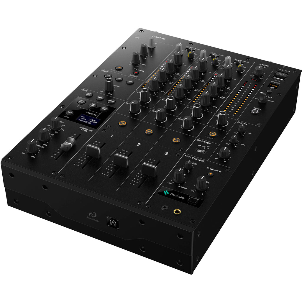 AlphaTheta DJM-V5 DJ mixer with multiple channels, knobs, and sliders for professional audio mixing setup.