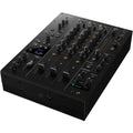 AlphaTheta DJM-V5 DJ mixer with multiple channels, knobs, and sliders for professional audio mixing setup.