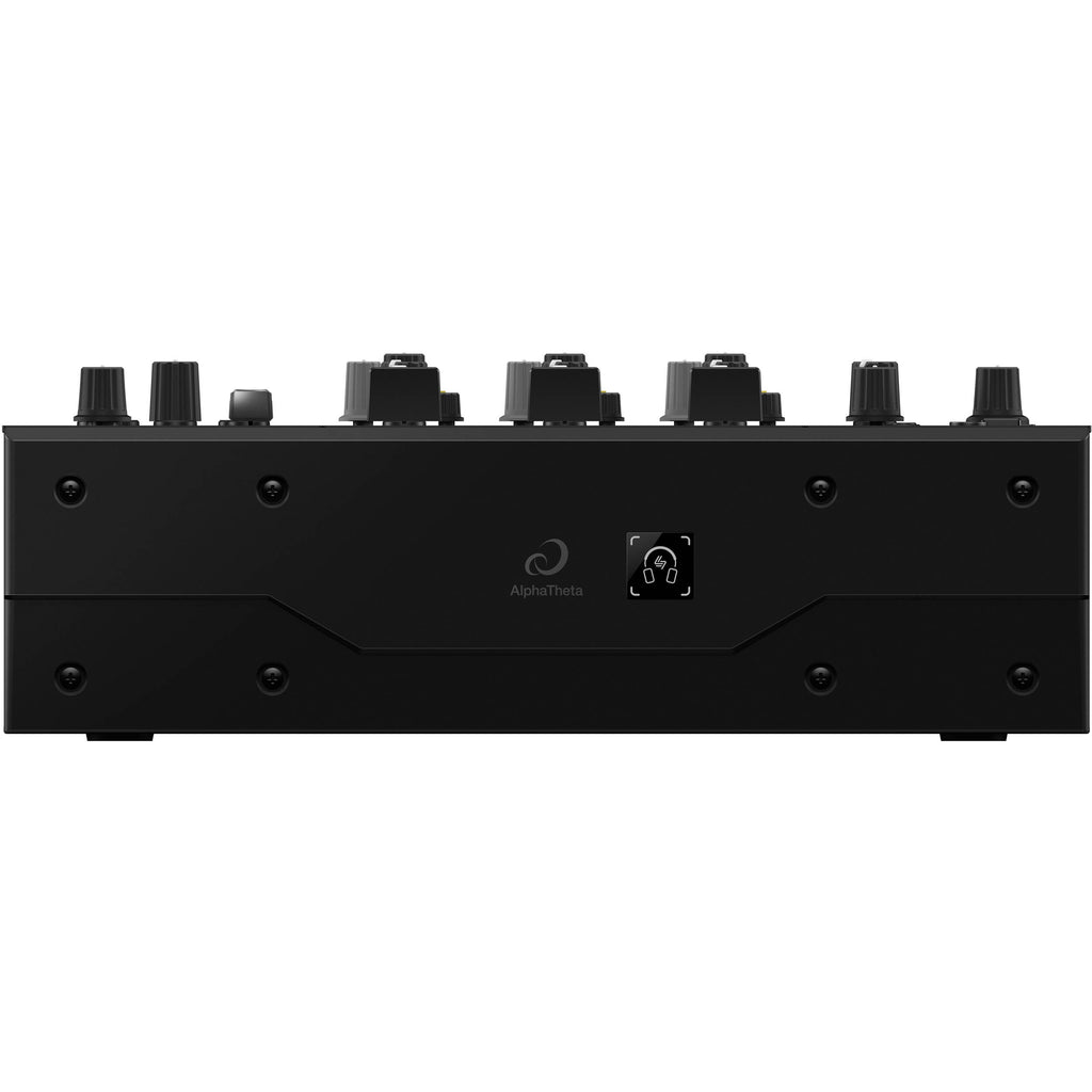 AlphaTheta DJM-V5 DJ mixer with multiple channels, knobs, and controls, designed for professional audio mixing.