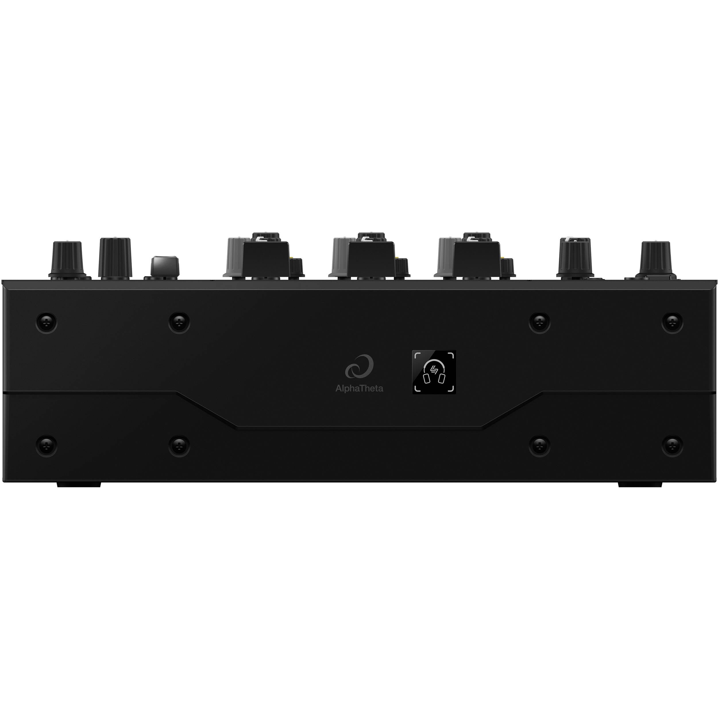 AlphaTheta DJM-V5 DJ mixer with multiple channels, knobs, and controls, designed for professional audio mixing.
