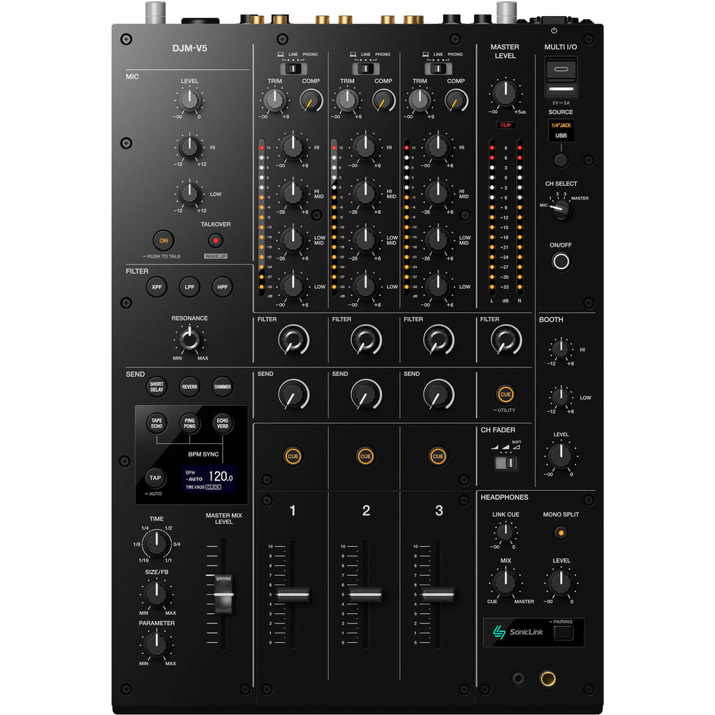 AlphaTheta DJM-V5 DJ mixer with multiple controls, knobs, and input ports, designed for professional DJ performances and mixing.