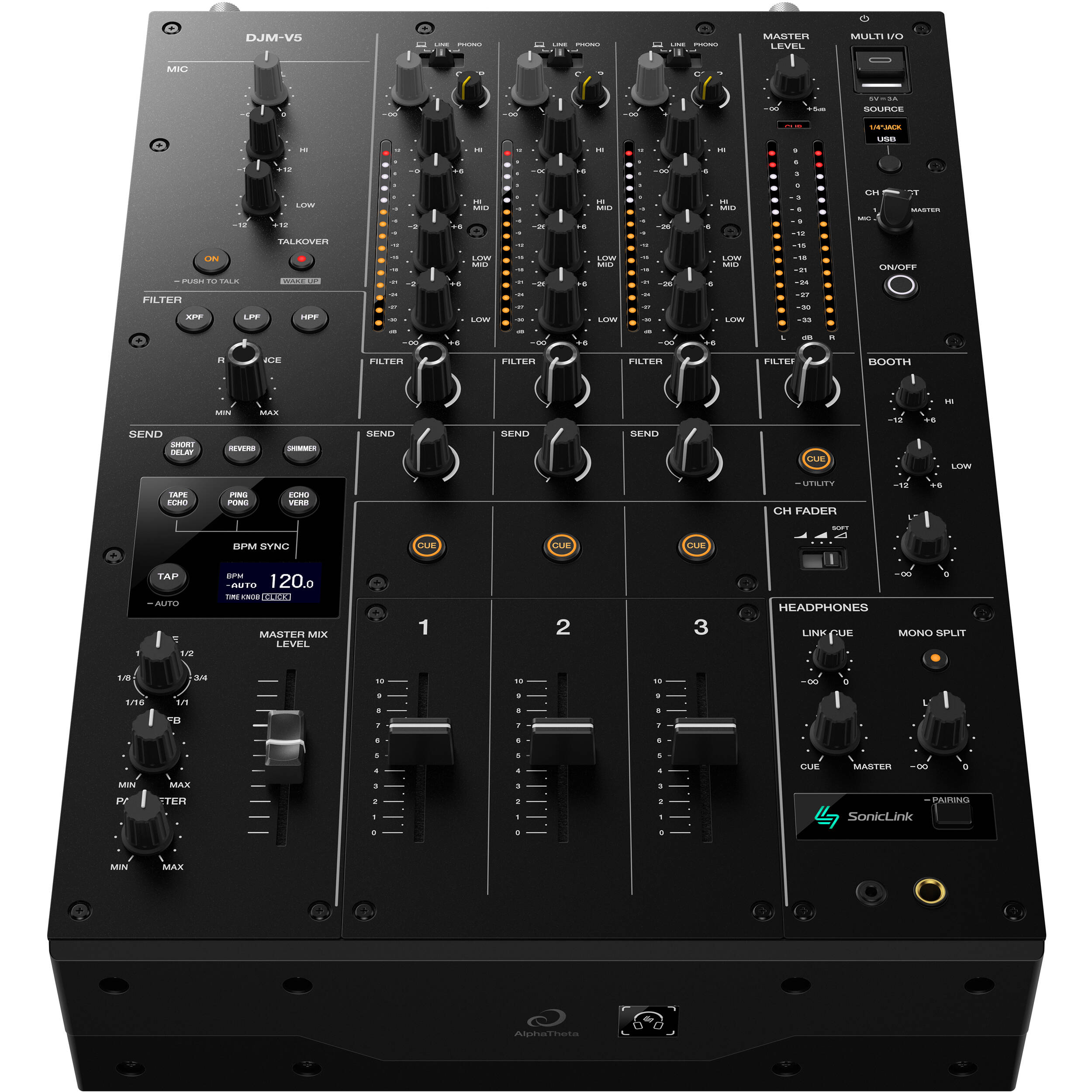 AlphaTheta DJM-V5 DJ mixer with multiple control knobs and audio jacks, featuring a sleek black design and professional layout.