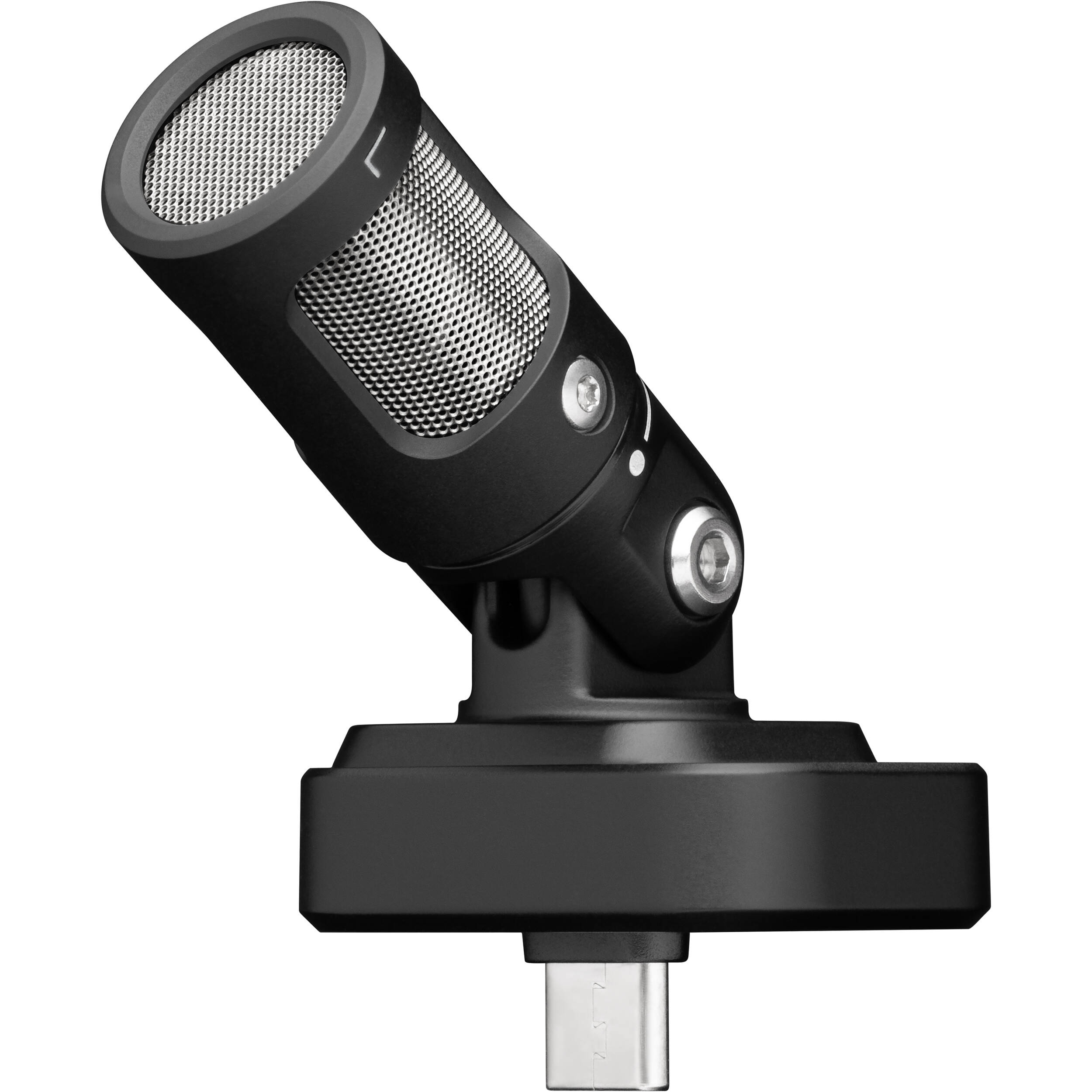 Shure MV88 iOS and Android microphone connected to a smartphone, showcasing portable audio recording capabilities.