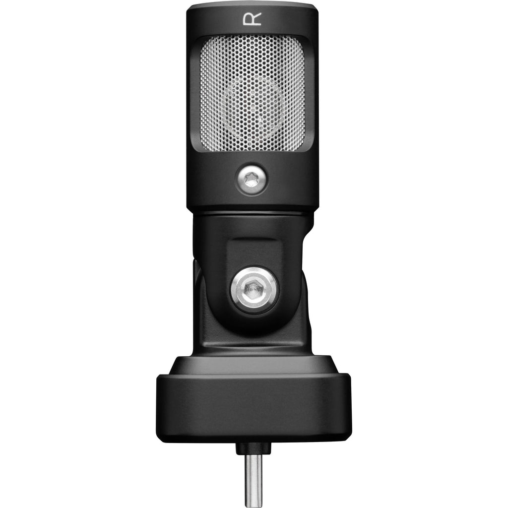 Shure MV88 iOS & Android microphone connected to a smartphone, capturing high-quality audio with compact design.