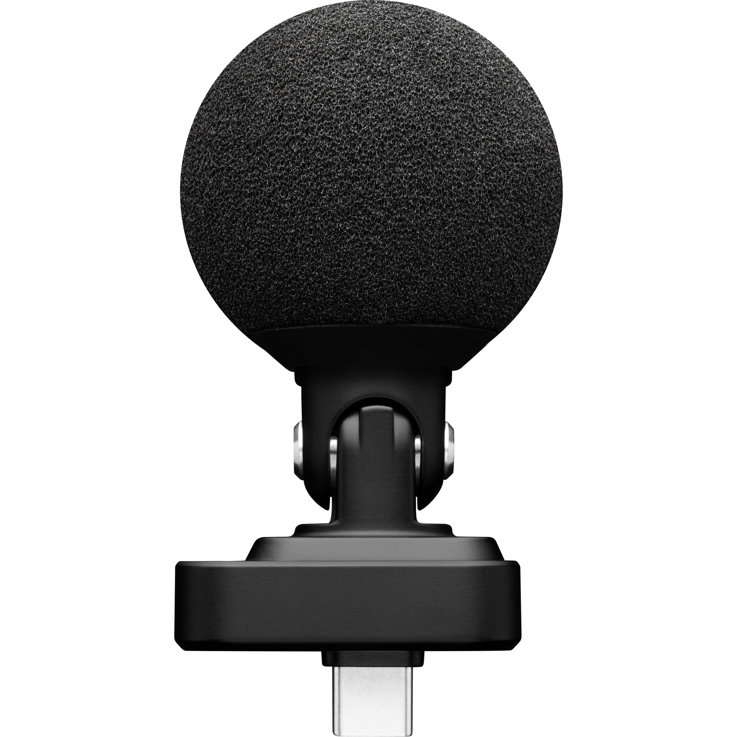 Shure MV88 iOS and Android microphone connected to a smartphone, showcasing portable audio recording equipment.