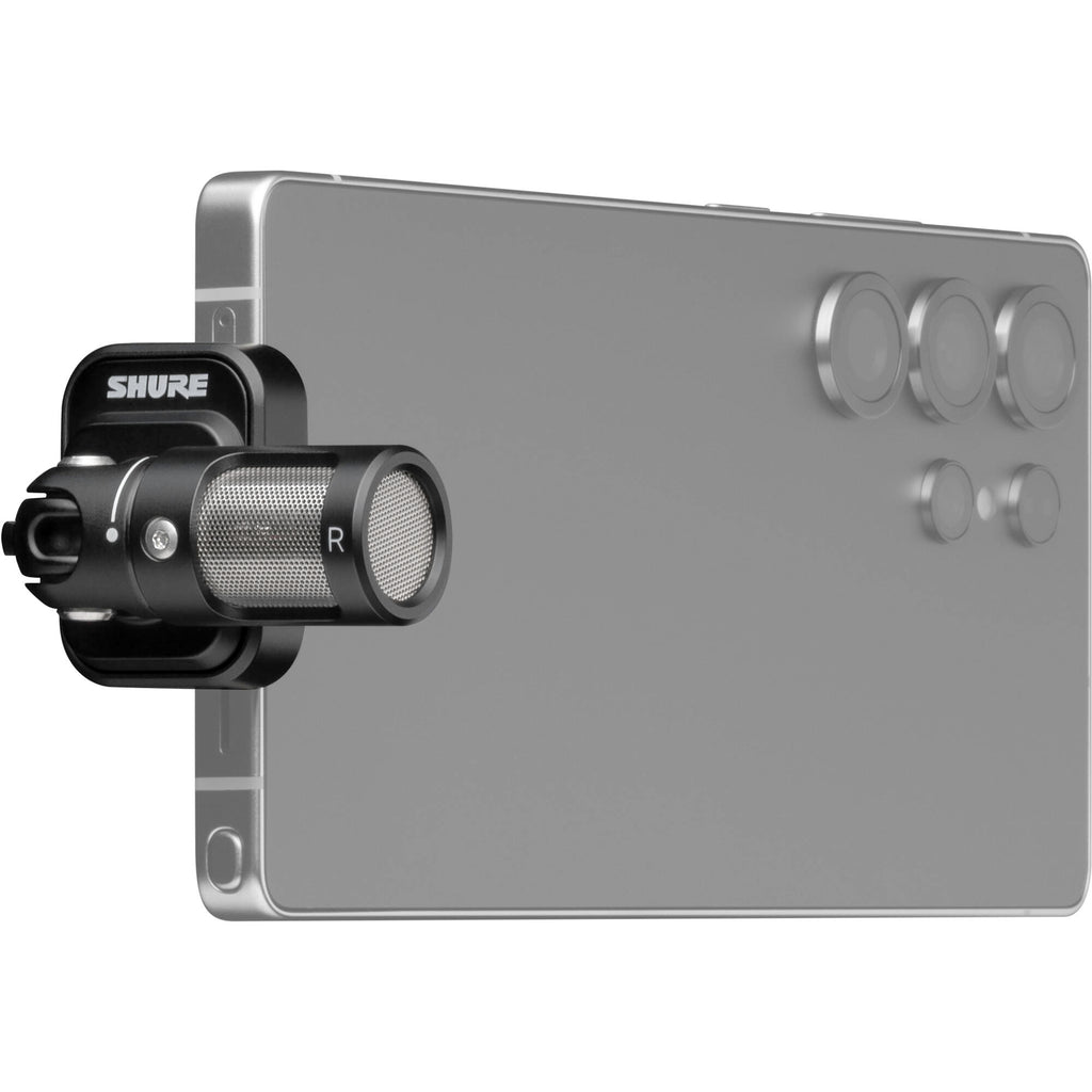 Shure MV88 portable microphone for iOS and Android devices, shown with adjustable settings and compact design.