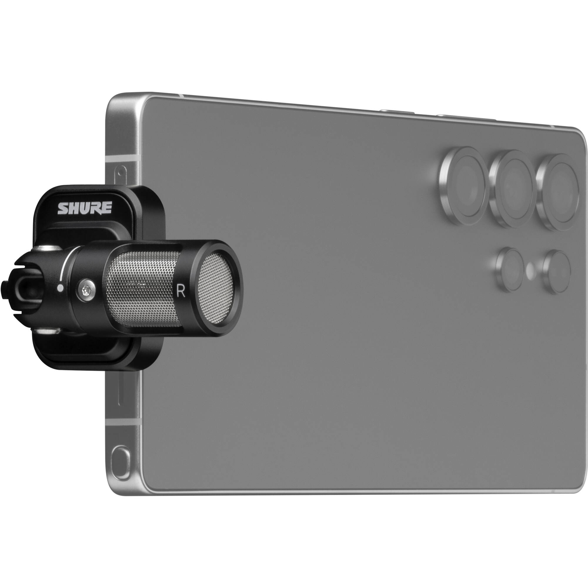 Shure MV88 portable microphone for iOS and Android devices, shown with adjustable settings and compact design.