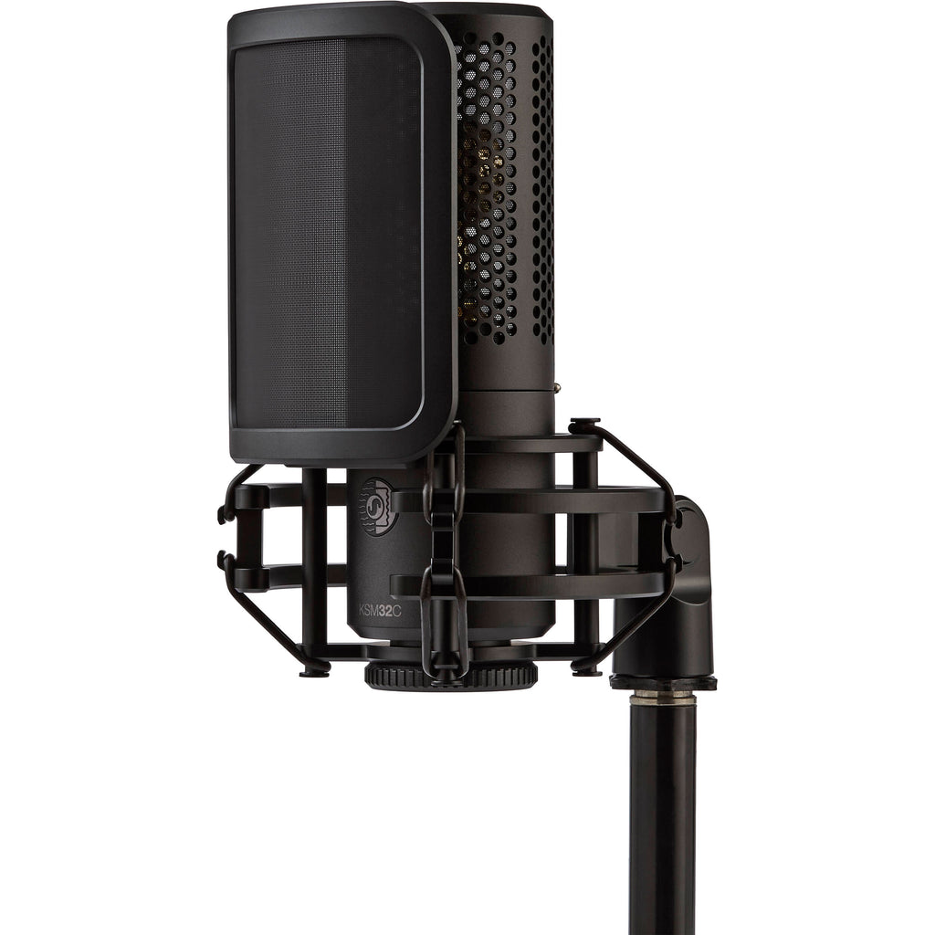 Shure KSM32C/SM condenser studio microphone kit with microphone, shock mount, and cable for professional recording.