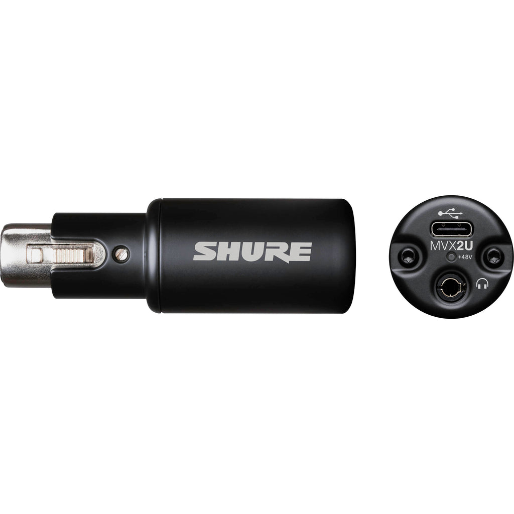 Shure MVX2U Gen 2 USB audio interface with XLR and USB connections, compact design, and professional audio equipment.