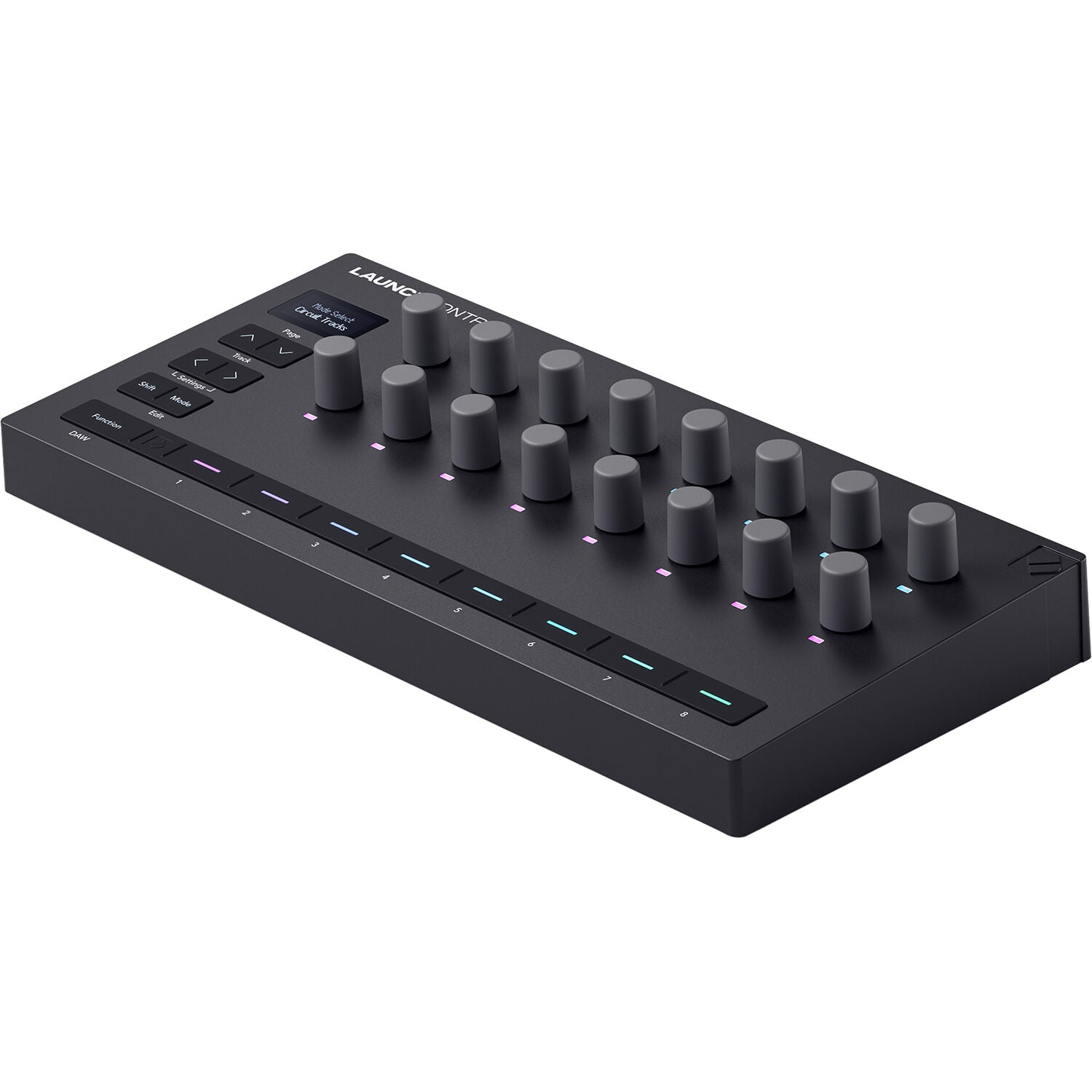 Novation Launch Control 3 MIDI controller with knobs and buttons for music production, shown on a desk setup.