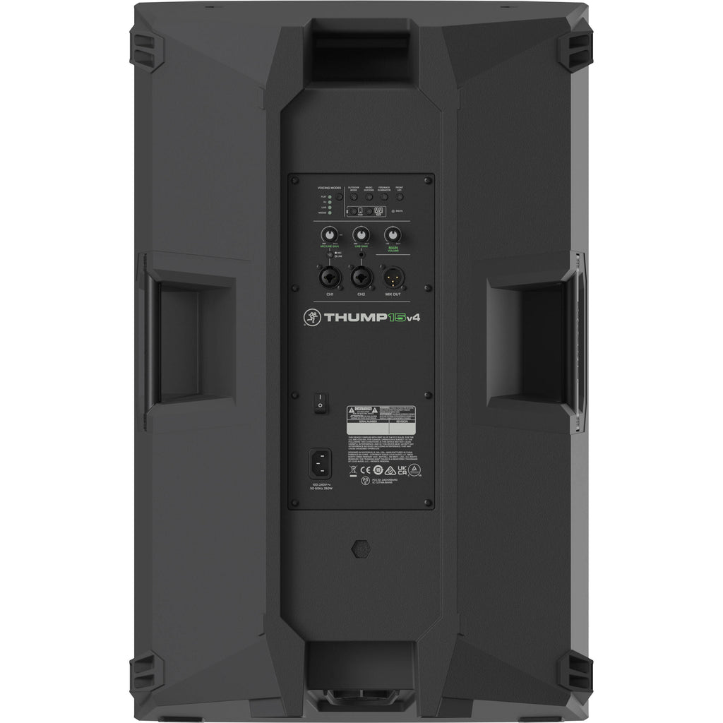 Mackie Thump15v4 active loudspeaker with black enclosure, grille, and control panel, designed for powerful sound reinforcement.