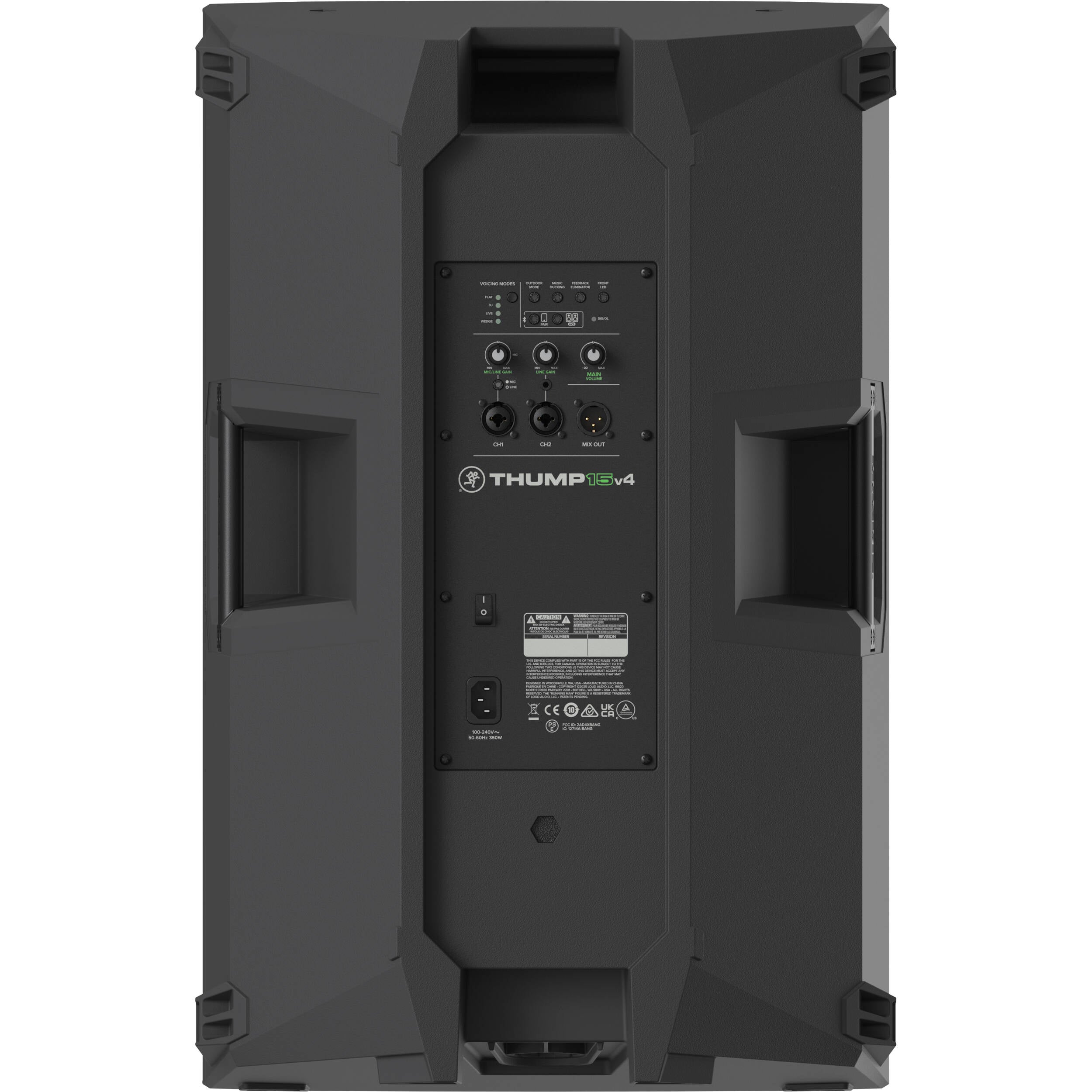 Mackie Thump15v4 active loudspeaker with black enclosure, grille, and control panel, designed for powerful sound reinforcement.