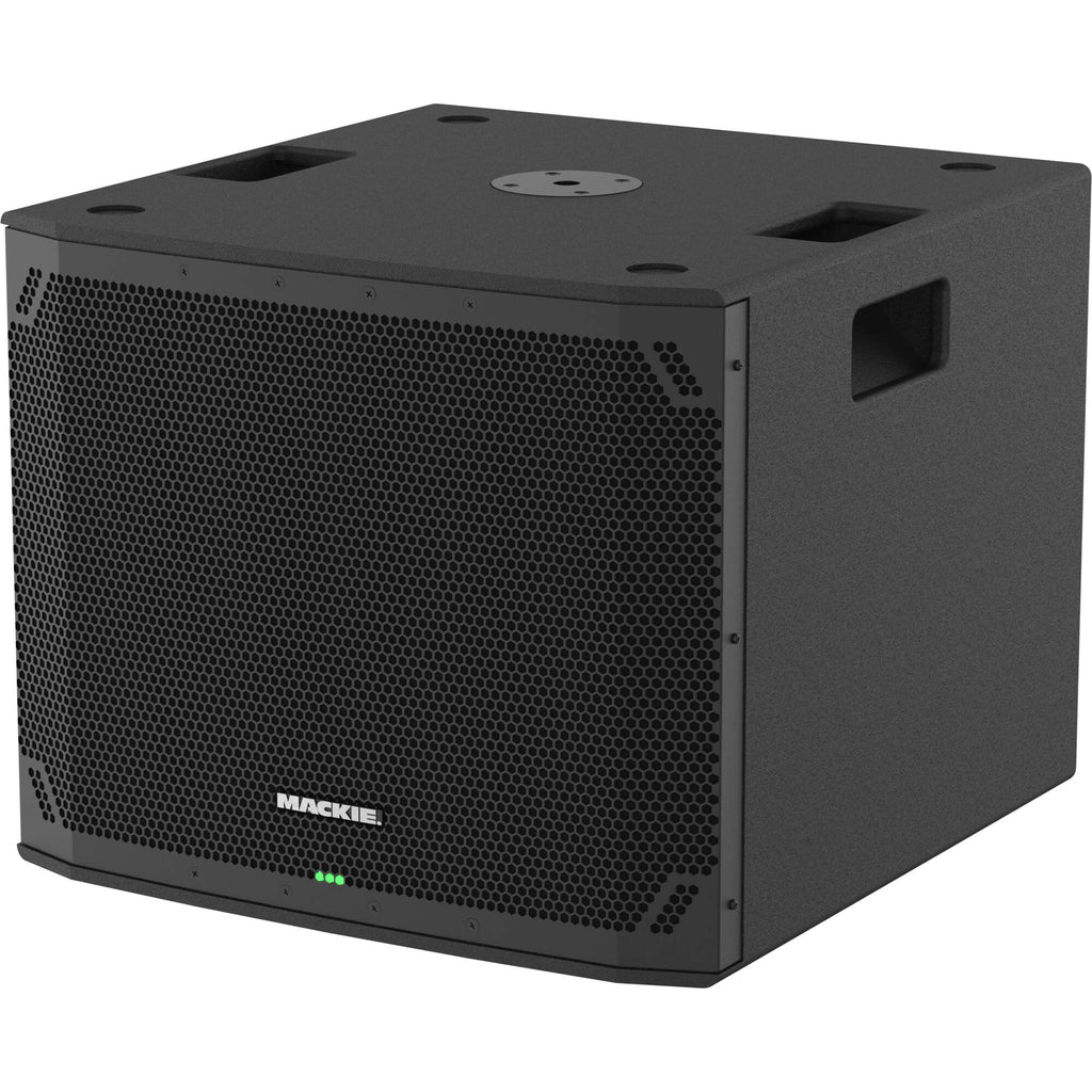 Mackie Thump15Sv4 active subwoofer with black speaker enclosure and control panel, designed for powerful bass sound.