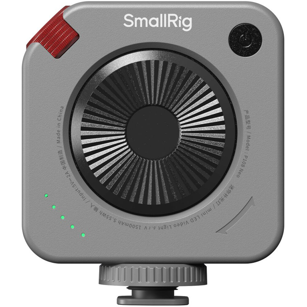 SmallRig Neo Mini RGB LED Video Light P108 showing compact, portable design with adjustable color and brightness settings.
