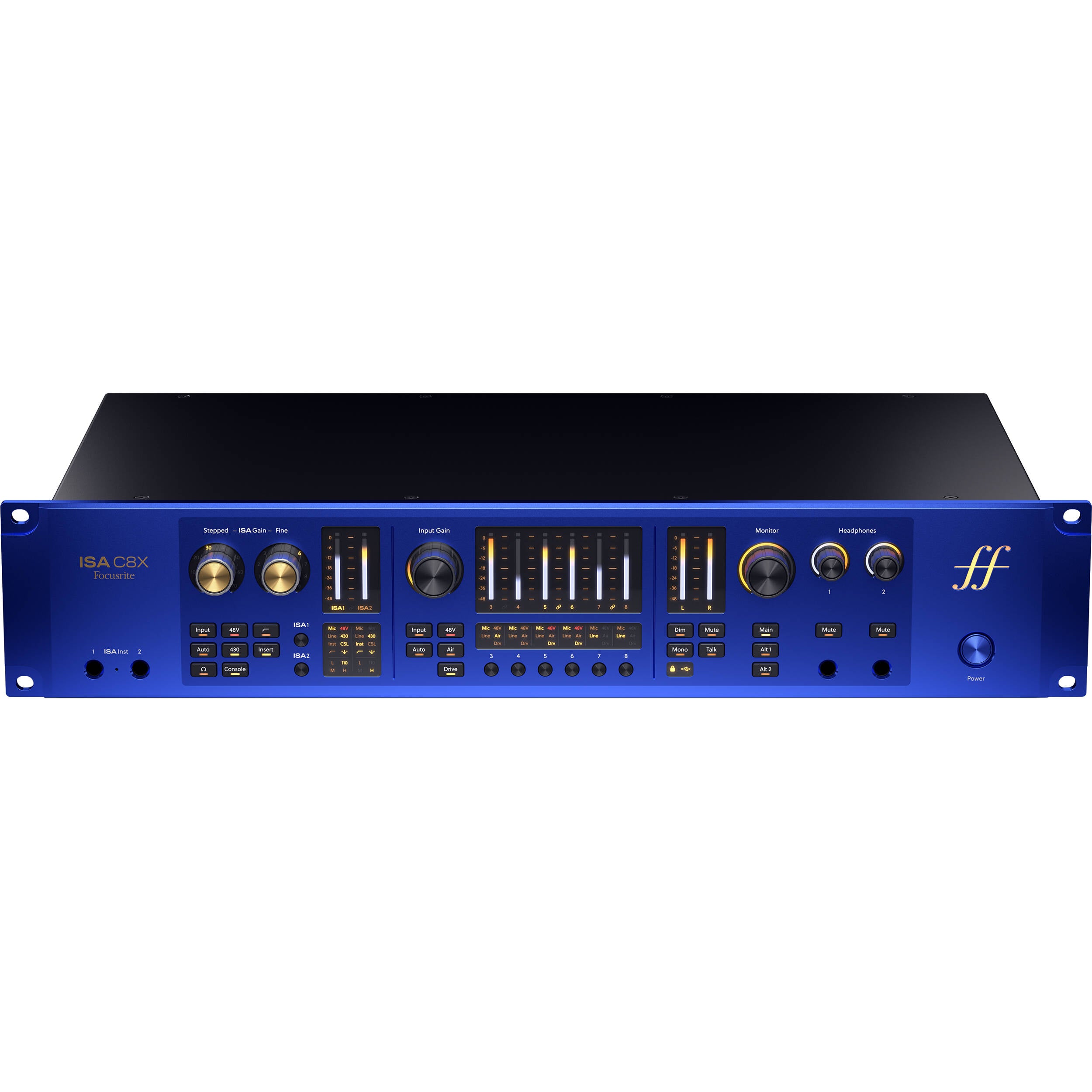 Focusrite ISA C8X USB audio interface with multiple input and output ports, professional-grade audio equipment for recording.