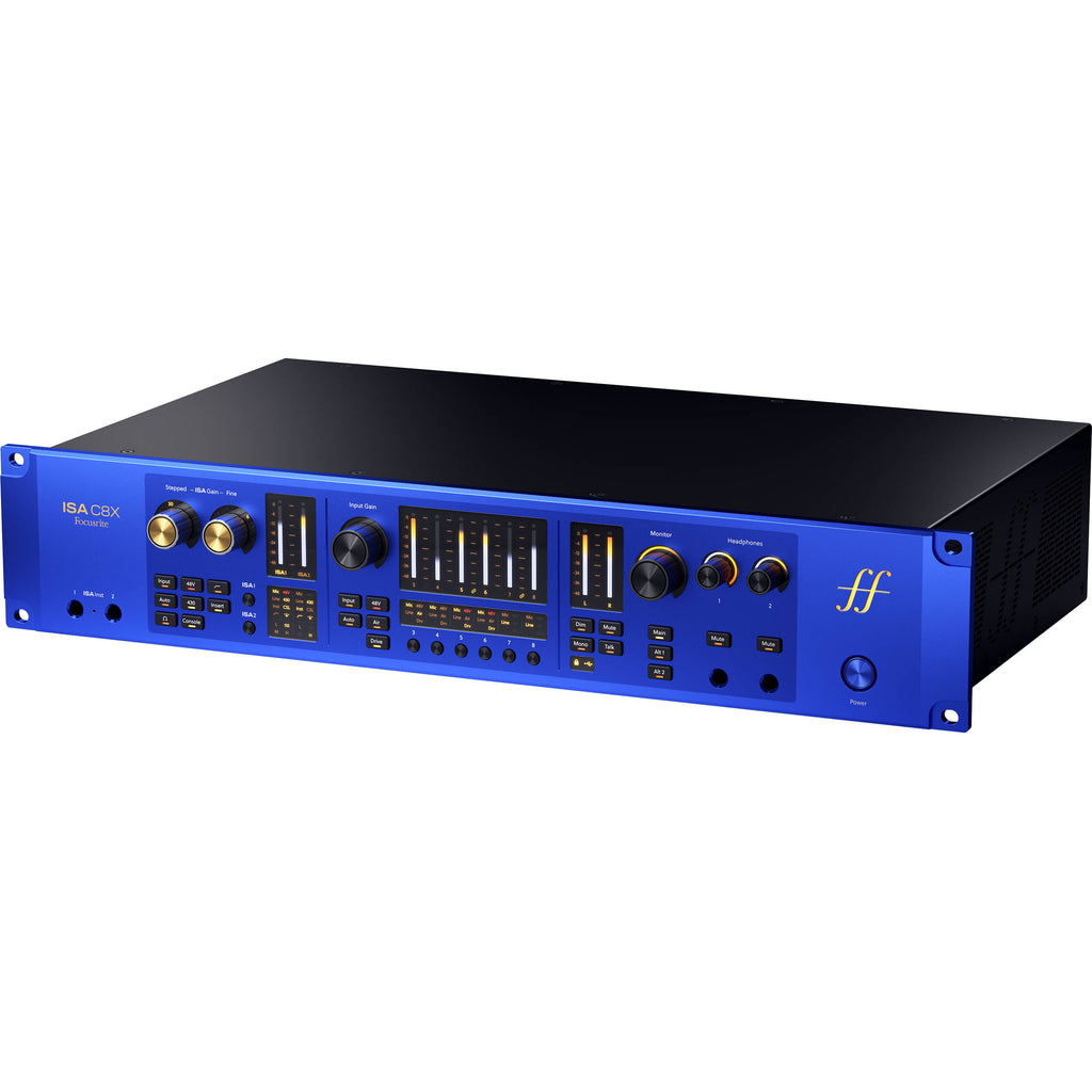 Focusrite ISA C8X USB audio interface with multiple input and output ports, professional-grade audio equipment for recording.