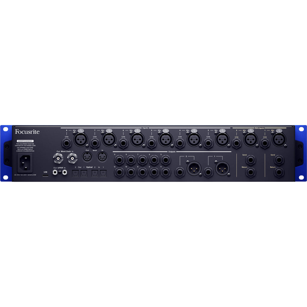 Focusrite ISA C8X USB audio interface with multiple input and output ports, compact design, and professional audio equipment appearance.
