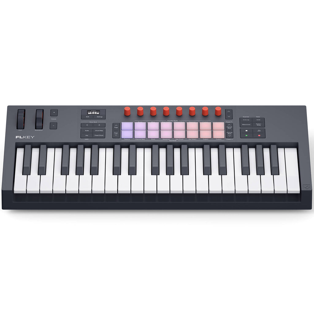 Novation FLkey 2 37 MIDI keyboard controller with keys and control knobs, designed for music production and performance.