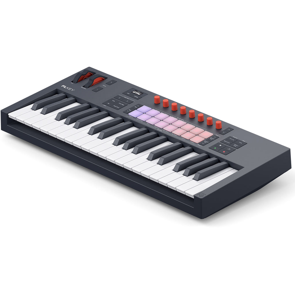 Novation FLkey 2 37 MIDI keyboard with 37 keys, control knobs, and touch-sensitive surface, designed for music production.