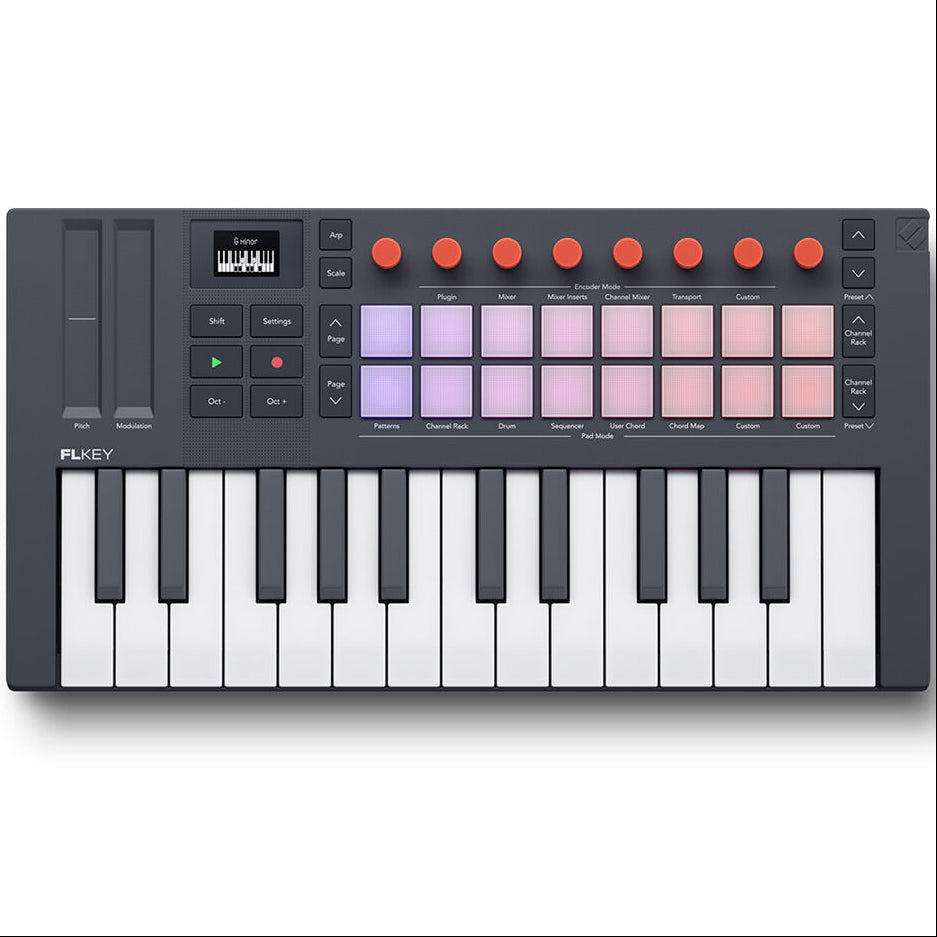 Novation FLkey 2 Mini 25 MIDI keyboard with keys, knobs, and controls for music production and digital performance.